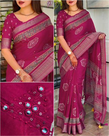 Pink Pure Mal Cotton Ajrakh Print Saree