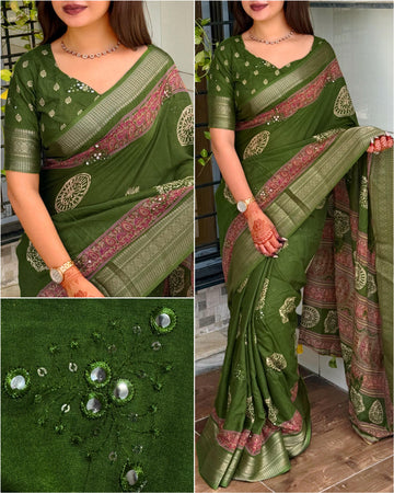Green Pure Mal Cotton Ajrakh Print Saree