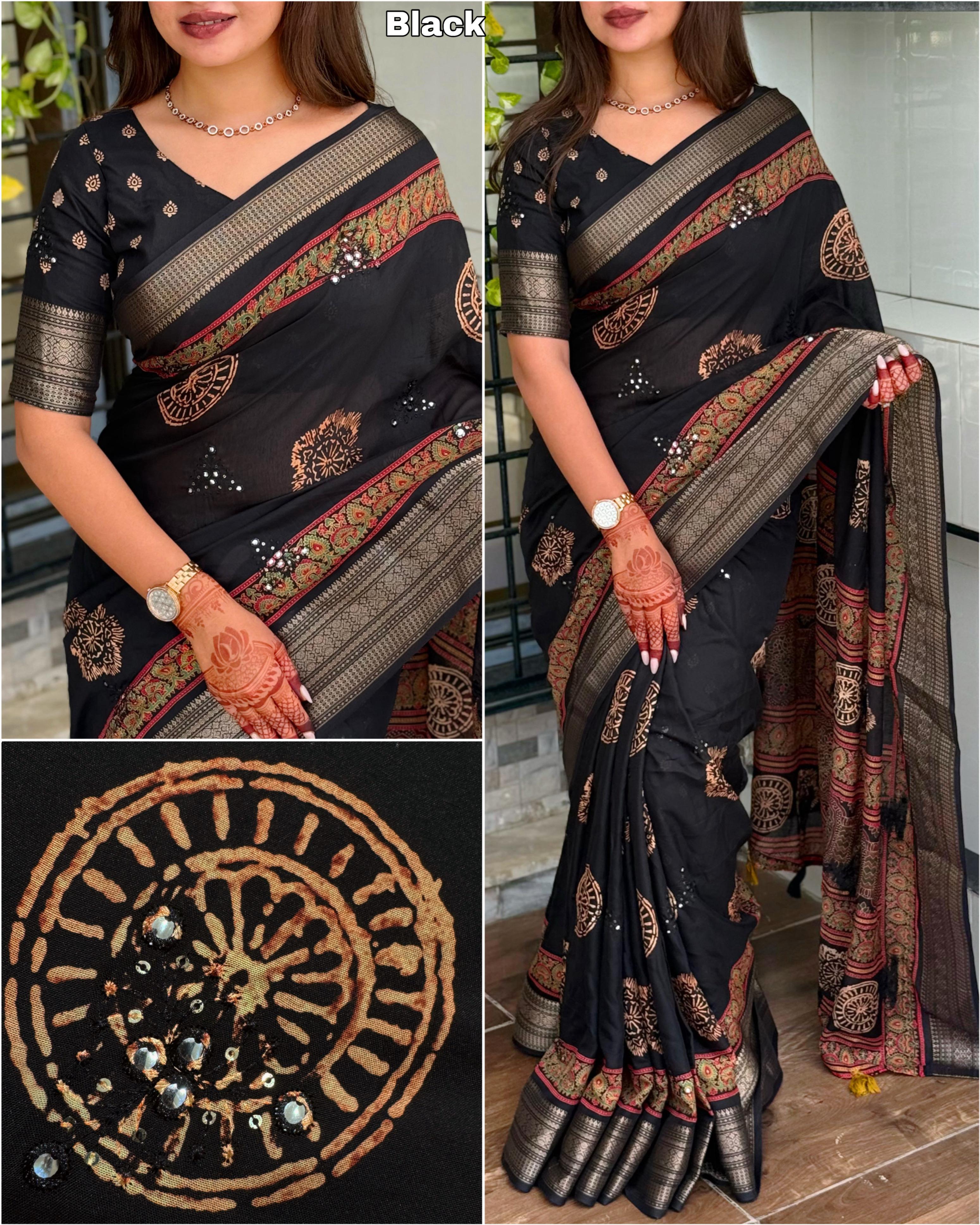 Black Pure Mal Cotton Ajrakh Print Saree Cotton saree Anant Tex Exports Pvt.Ltd..