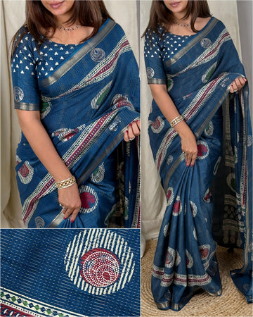 Blue Pure Soft Cotton Zari Saree