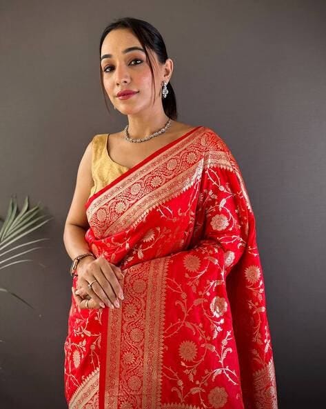 Red Pure Banarasi Mushro Satin Silk Saree Banarasi Saree Anant Tex Exports Pvt.Ltd..