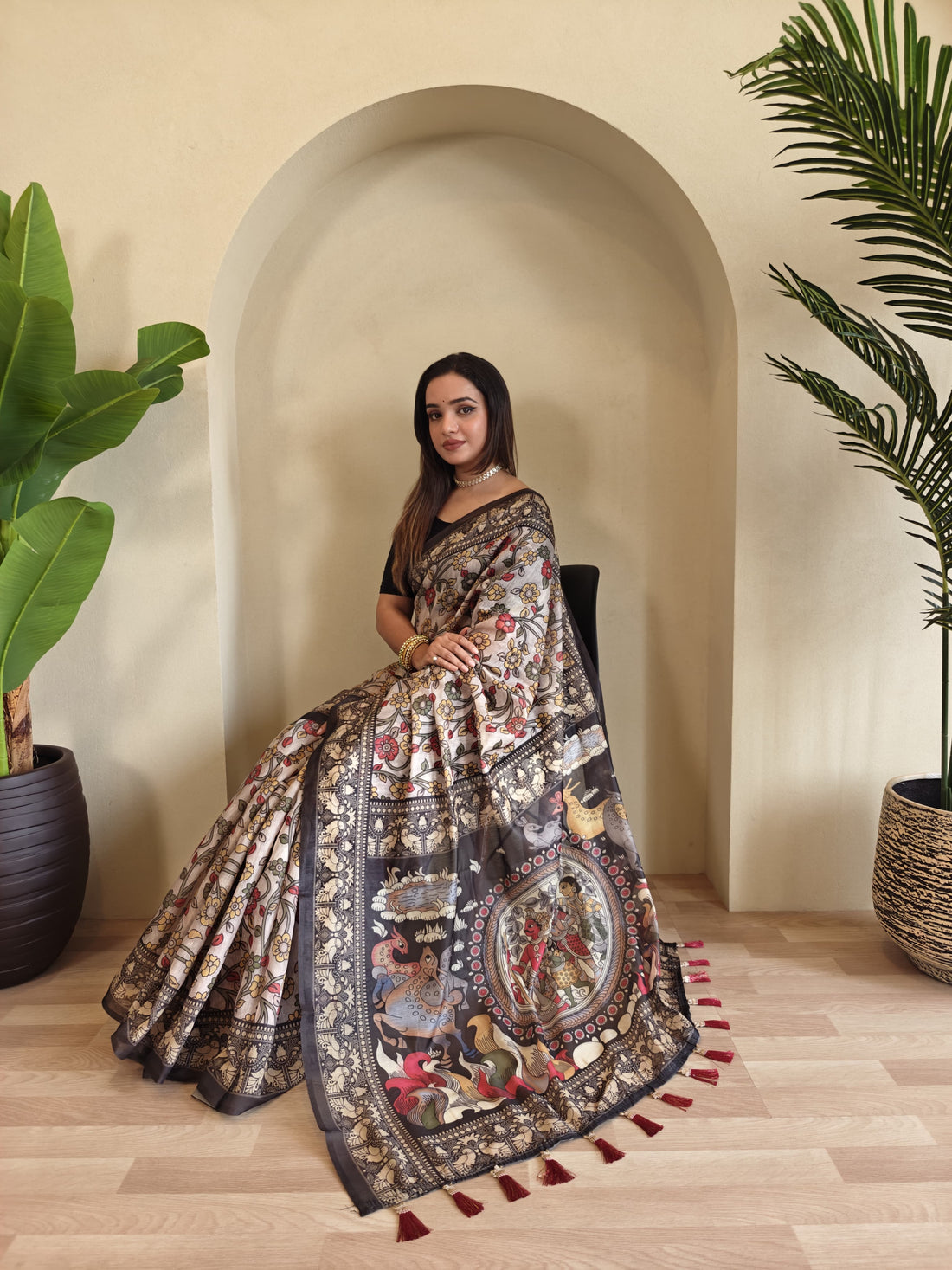 Off White Pure Cotton Kalamkari Digital Print Saree