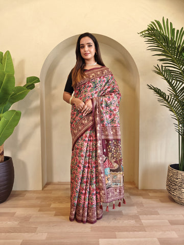 Pink Pure Cotton Kalamkari Digital Print Saree