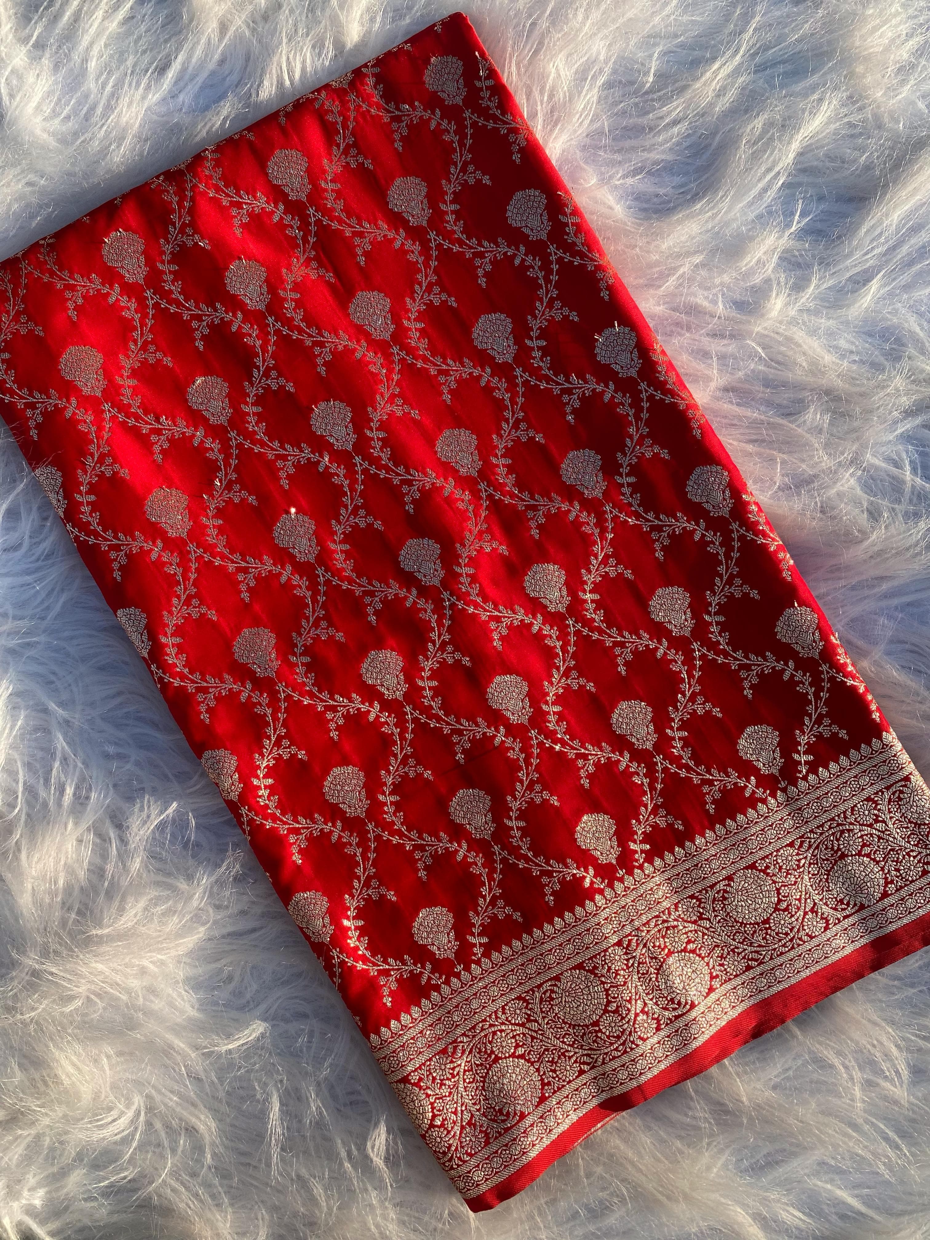 Red Pure Banarasi Mushro Satin Silk Saree Banarasi Saree Anant Tex Exports Pvt.Ltd..