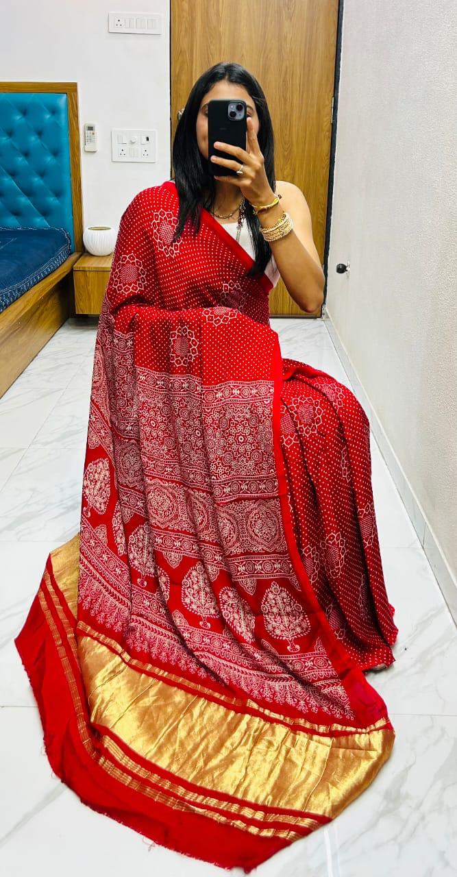 Red Pure Soft Gajji Silk Ajrakh Print Gaji Saree Gaji Silk Saree Anant Tex Exports Pvt.Ltd..