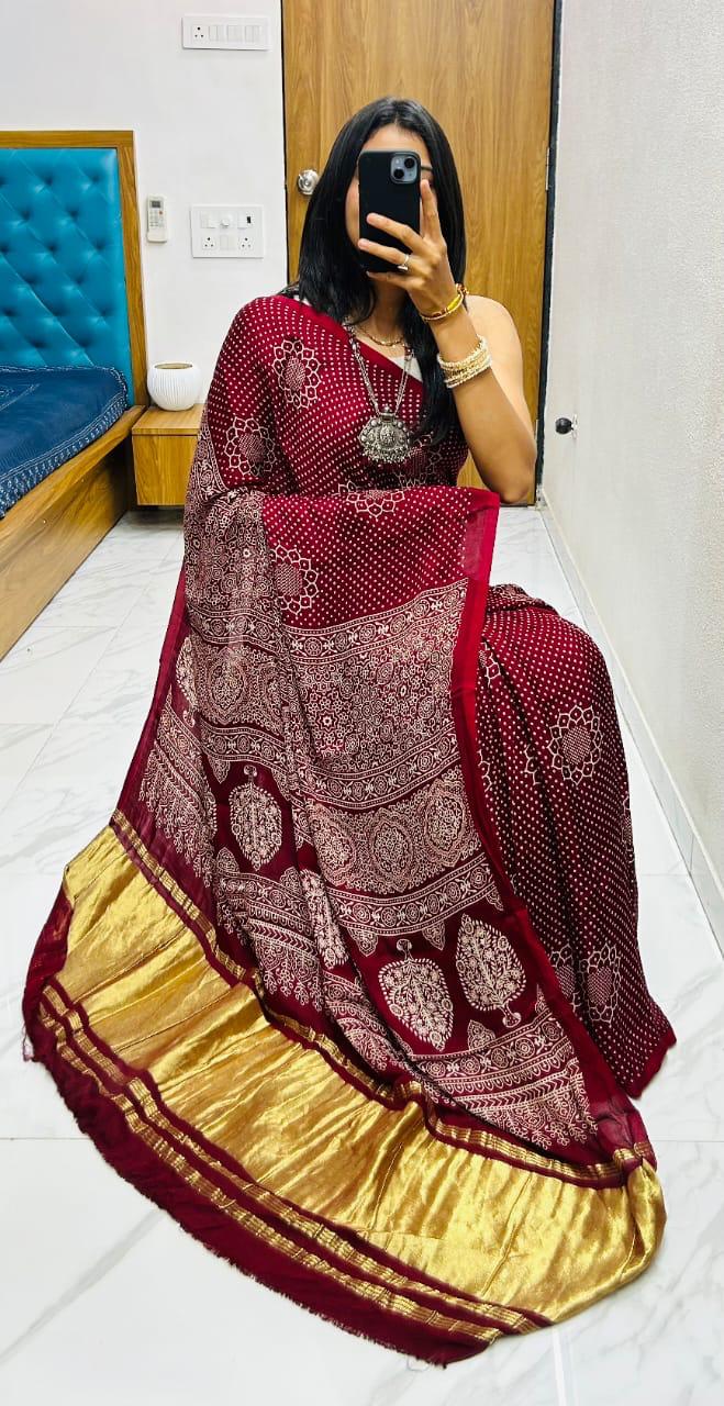 Maroon Pure Soft Gajji Silk Ajrakh Print Gaji Saree Gaji Silk Saree Anant Tex Exports Pvt.Ltd..