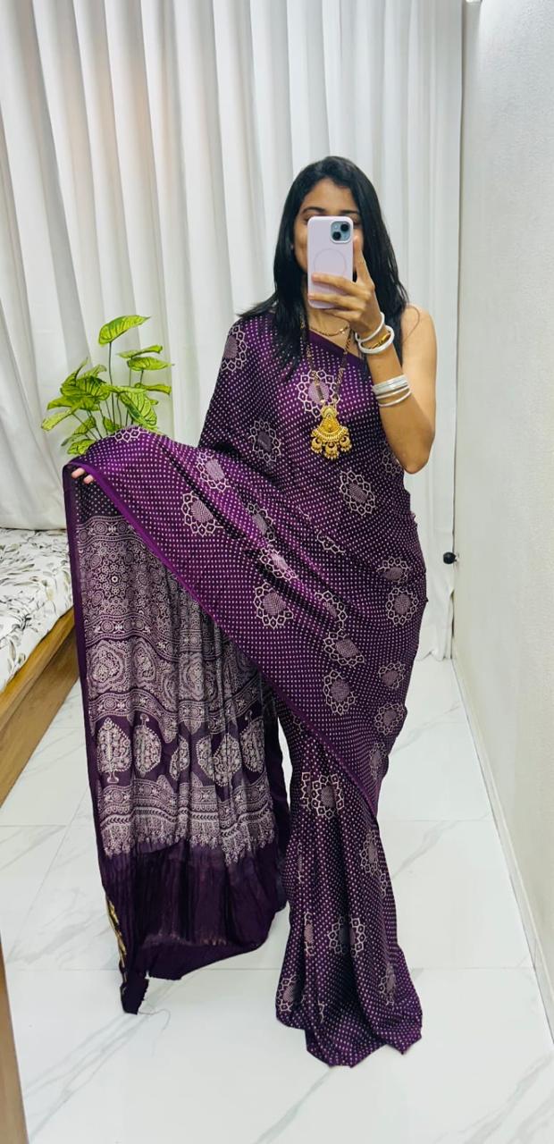 Purple Pure Soft Gajji Silk Ajrakh Print Gaji Saree Gaji Silk Saree Anant Tex Exports Pvt.Ltd..