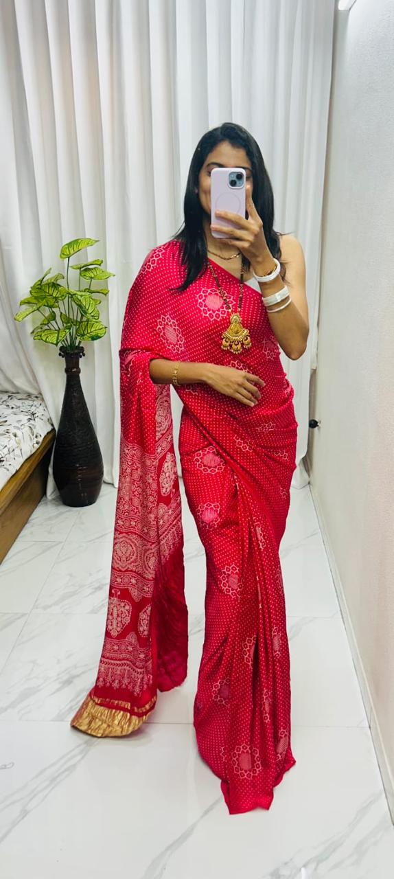 Red Pure Soft Gajji Silk Ajrakh Print Gaji Saree Gaji Silk Saree Anant Tex Exports Pvt.Ltd..