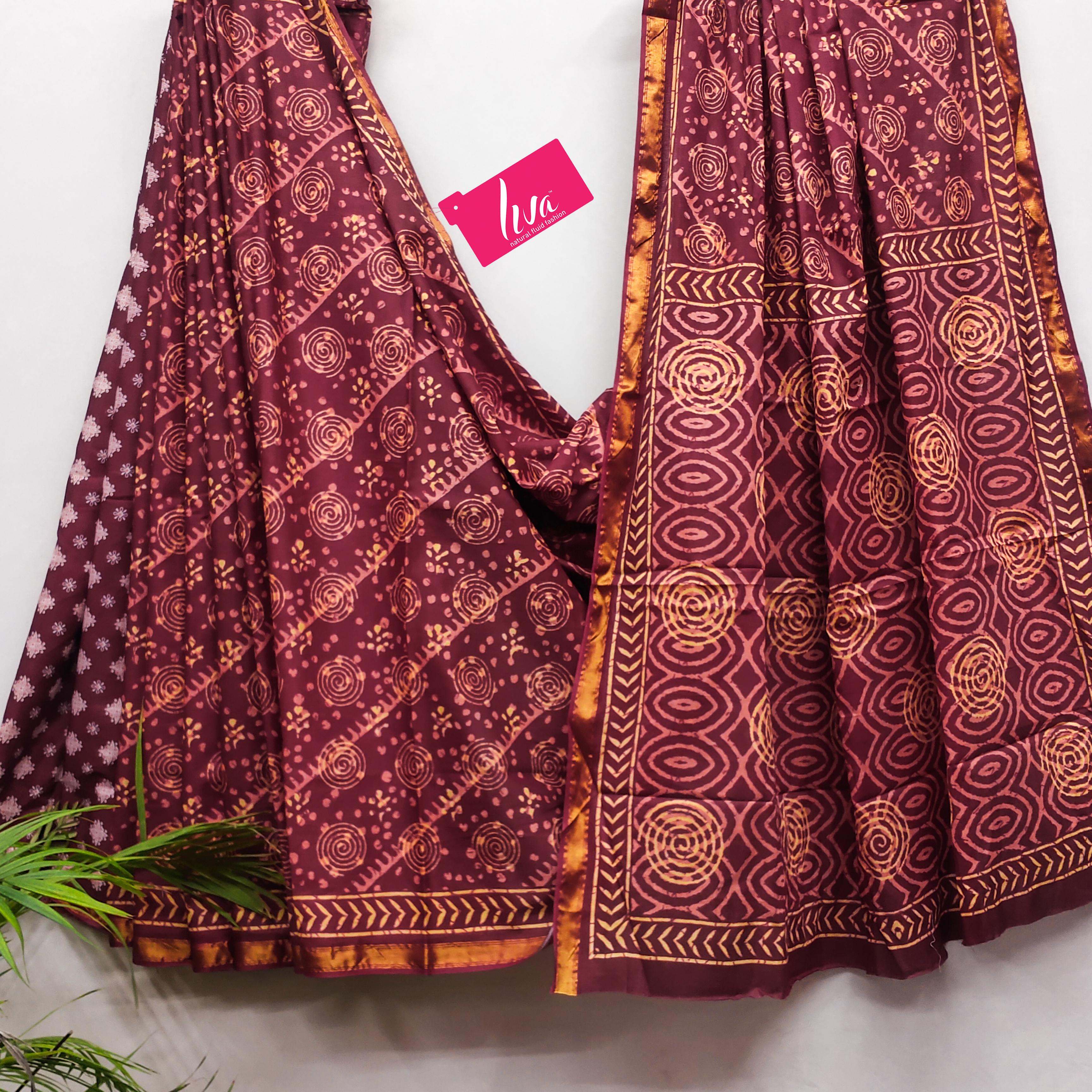 Maroon Pure Soft Cotton Bagru Block Print Saree Cotton saree Anant Tex Exports Pvt.Ltd..