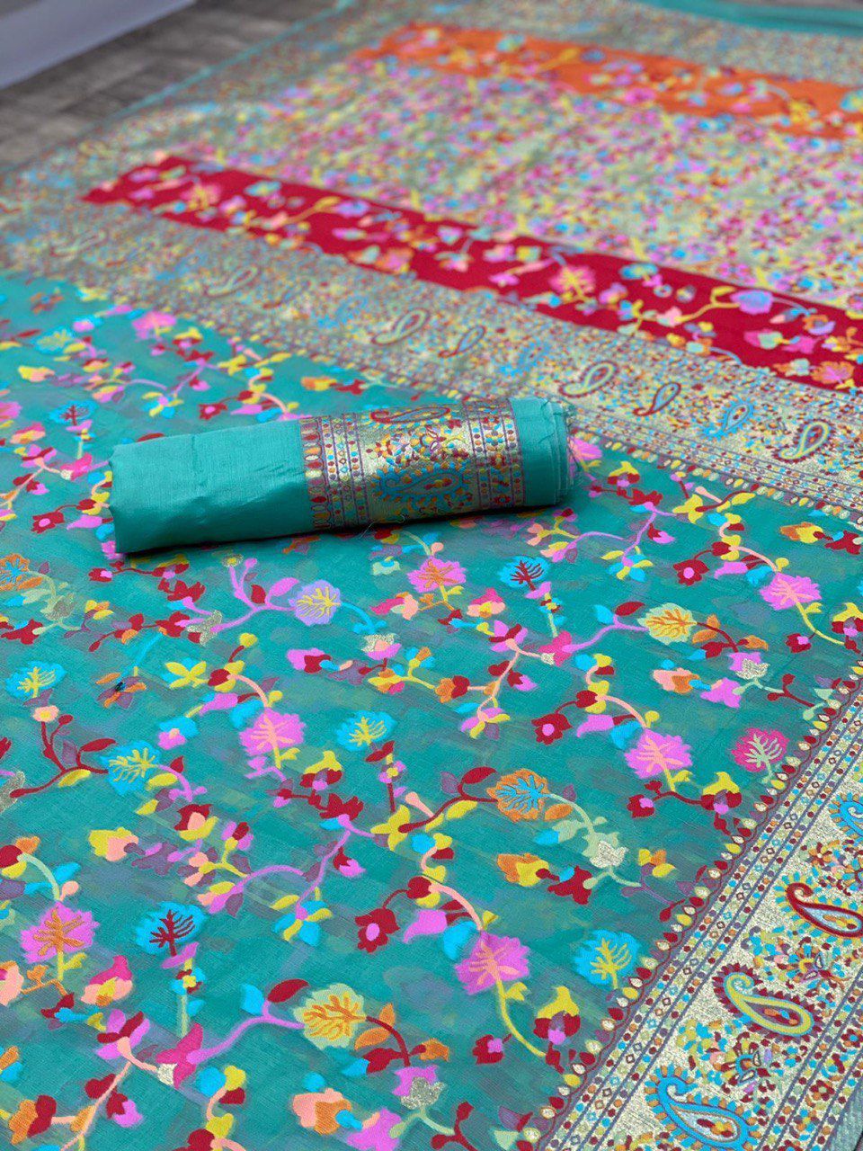 Green Pure Soft Pashmina Kachi Work Saree Pashmina Saree Anant Tex Exports Pvt.Ltd..
