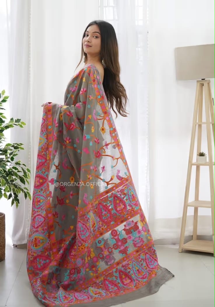 Grey Pure Soft Pashmina Kachi Work Saree Pashmina Saree Anant Tex Exports Pvt.Ltd..