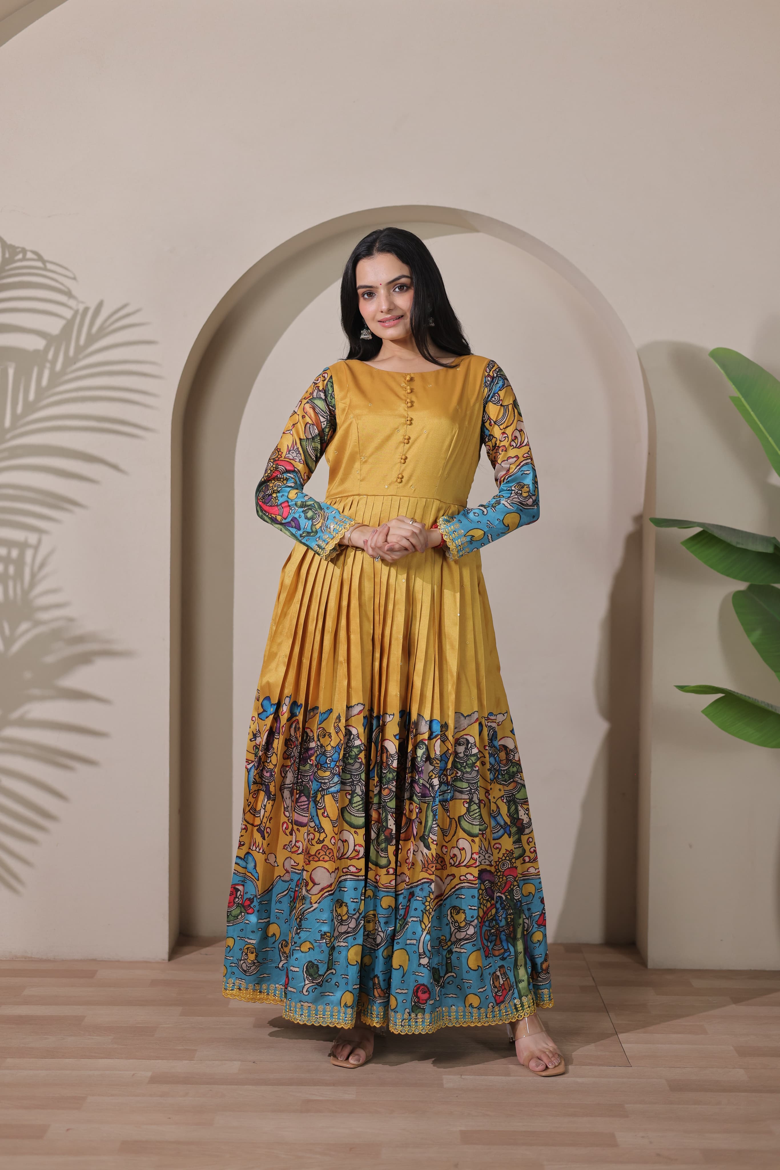 Yellow Pure Soft Silk Blend Kalamkari Anarkali Gown Anarkali Gown Anant Tex Exports Pvt.Ltd..