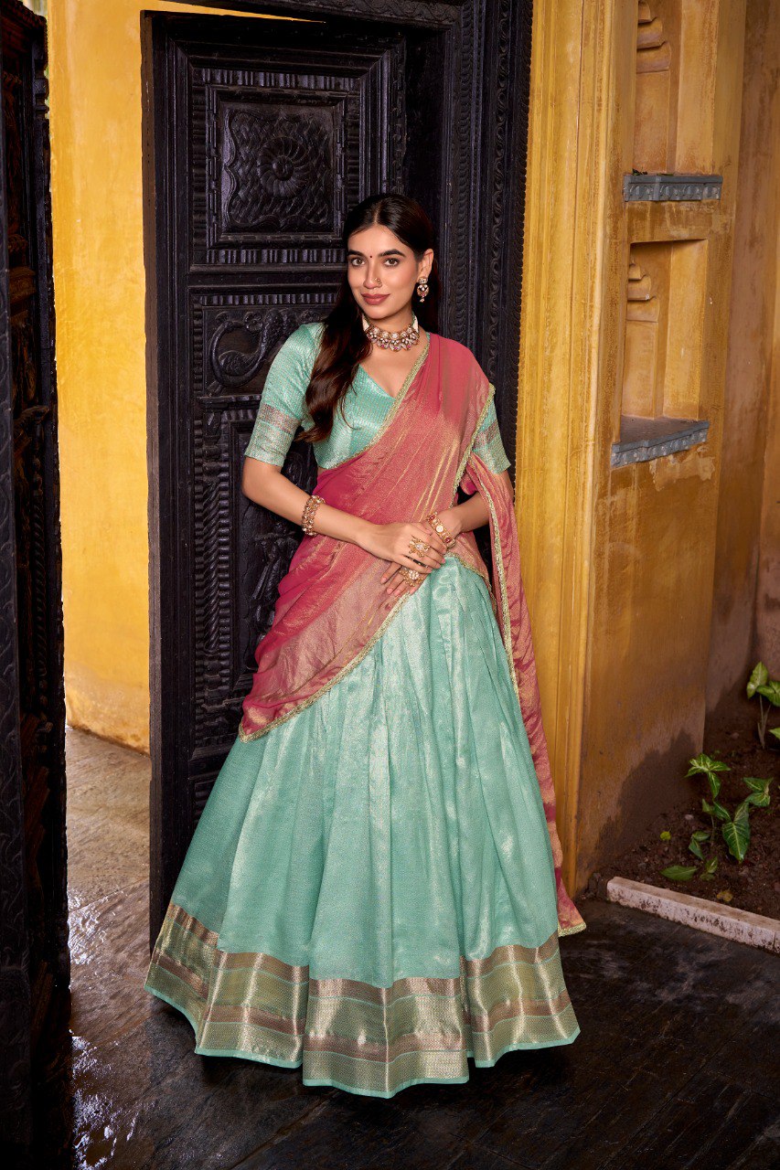 Sky Blue Pure Soft Dupion Paithani Silk South Indian Lehenga Saree Half Lehenga Saree Anant Tex Exports Pvt.Ltd..