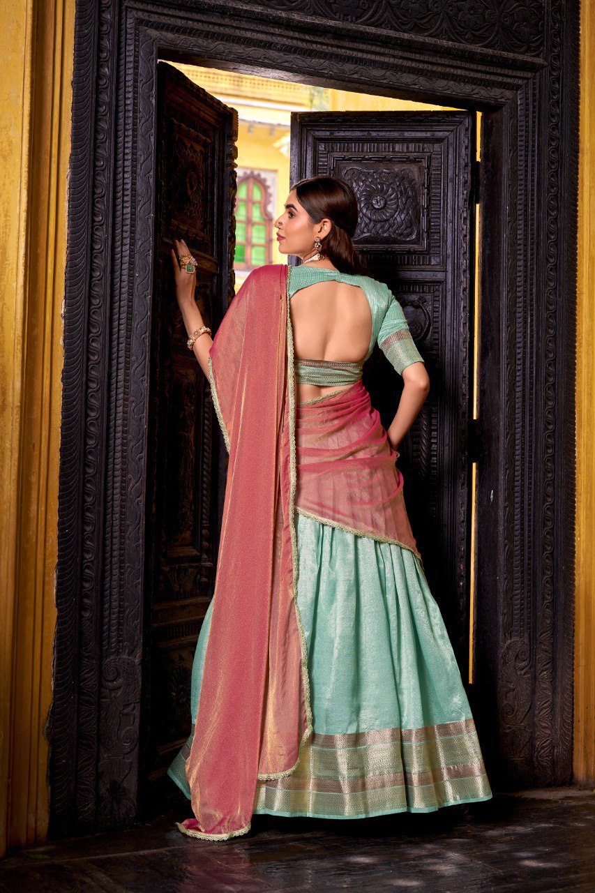 Sky Blue Pure Soft Dupion Paithani Silk South Indian Lehenga Saree Half Lehenga Saree Anant Tex Exports Pvt.Ltd..