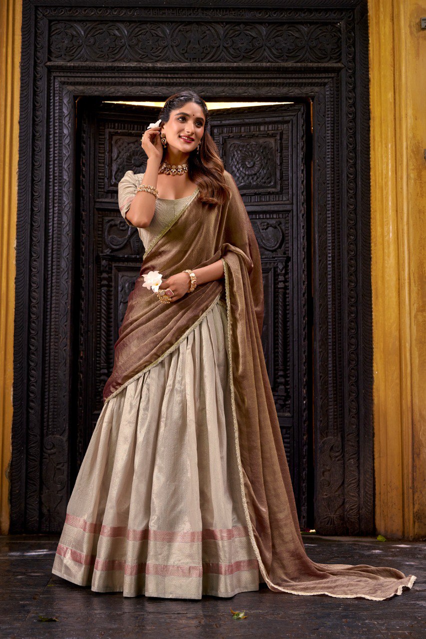 Cream Pure Soft Dupion Paithani Silk South Indian Lehenga Saree Half Lehenga Saree Anant Tex Exports Pvt.Ltd..