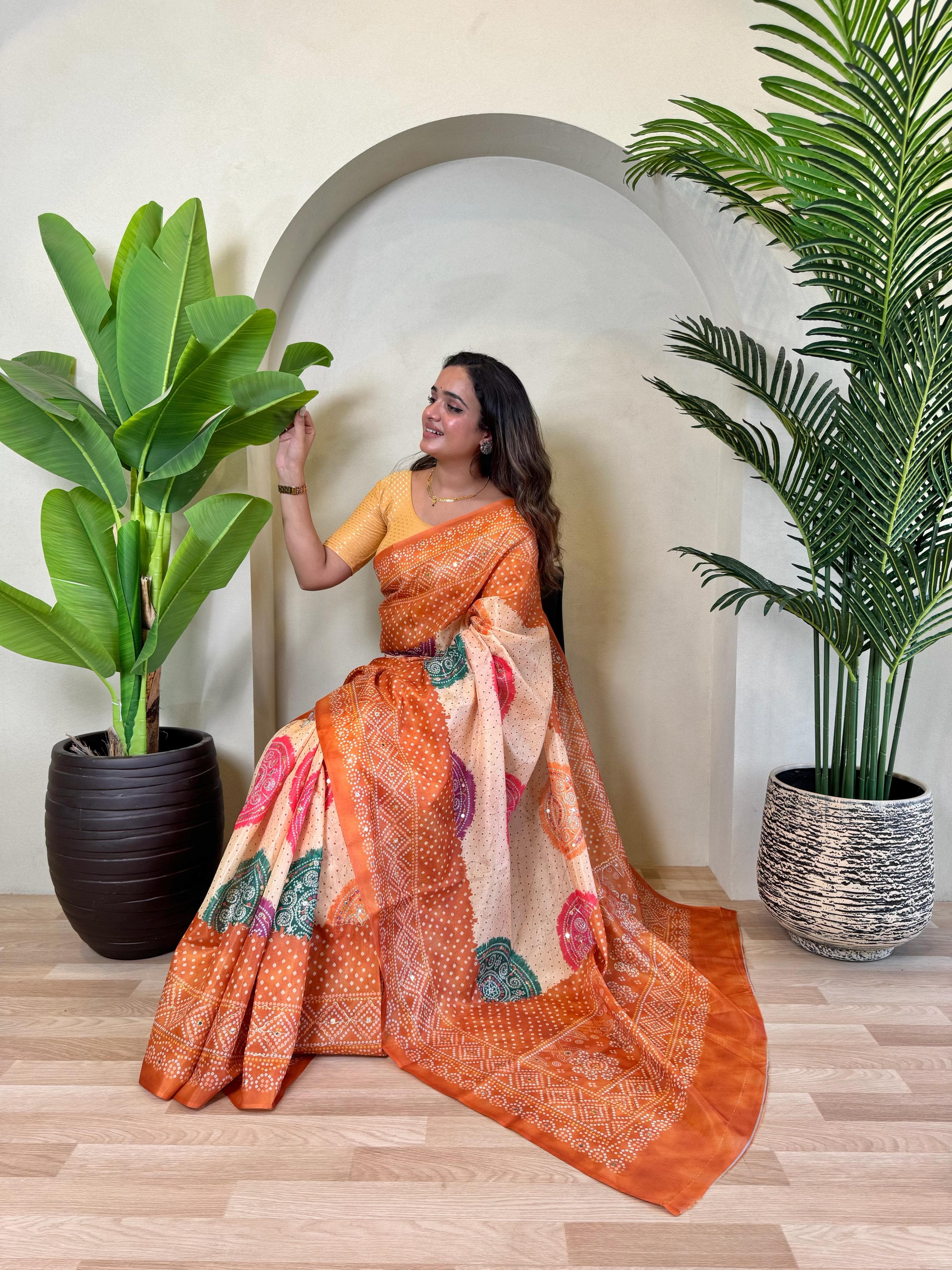 Orange Pure Soft Tissue Bandhani Print Saree Tissue Saree Anant Tex Exports Pvt.Ltd..