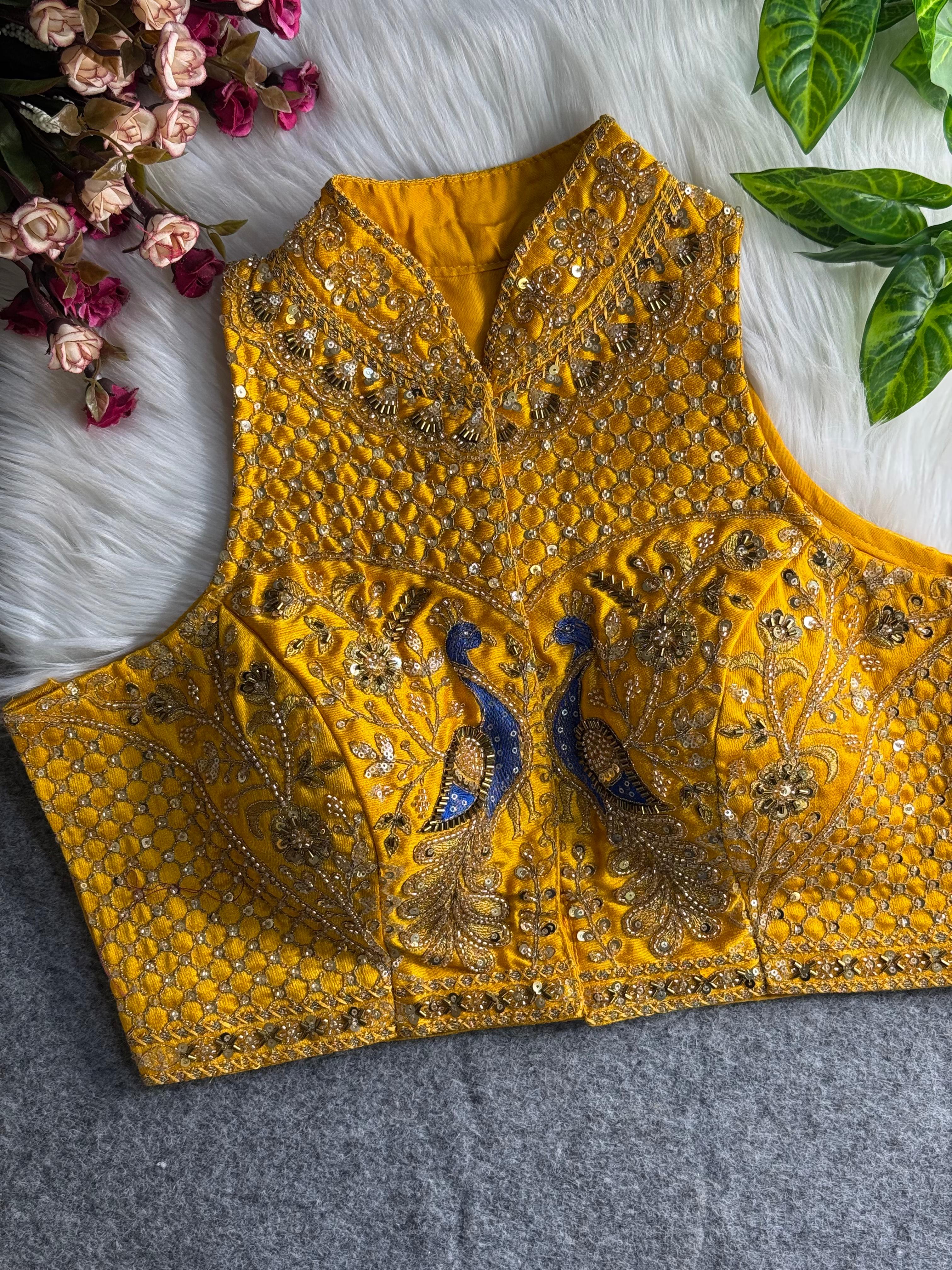 Yellow Pure Italian Silk Sabyasachi Style Caller Halter Neck Bridal Blouse Sleevless Blouse Anant Tex Exports Pvt.Ltd..