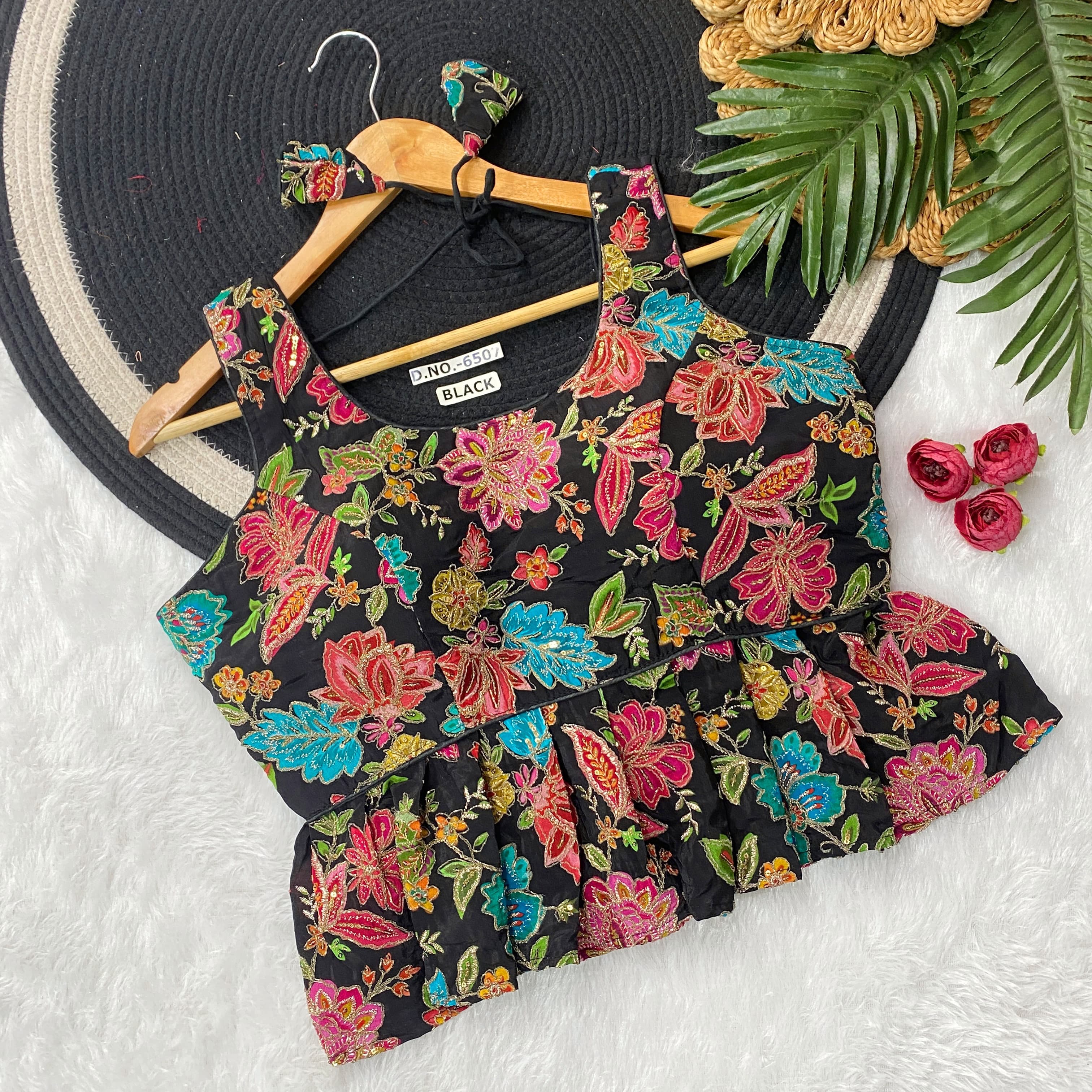 Black Pure Crape Viscose Floral Print Half Sleeve Peplum Blouse Half Sleeve Anant Tex Exports Pvt.Ltd..