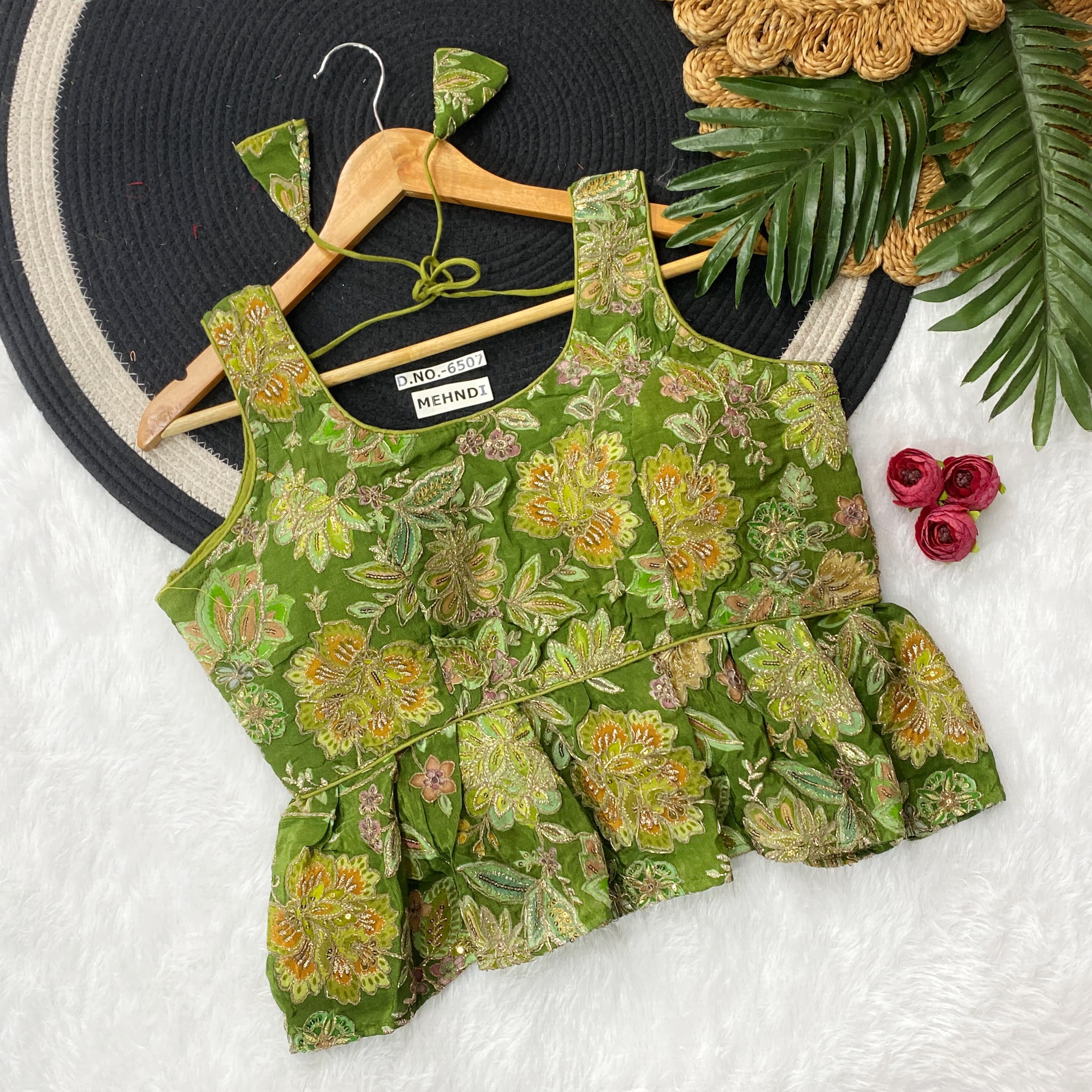Mehandi Pure Crape Viscose Floral Print Half Sleeve Peplum Blouse Half Sleeve Anant Tex Exports Pvt.Ltd..