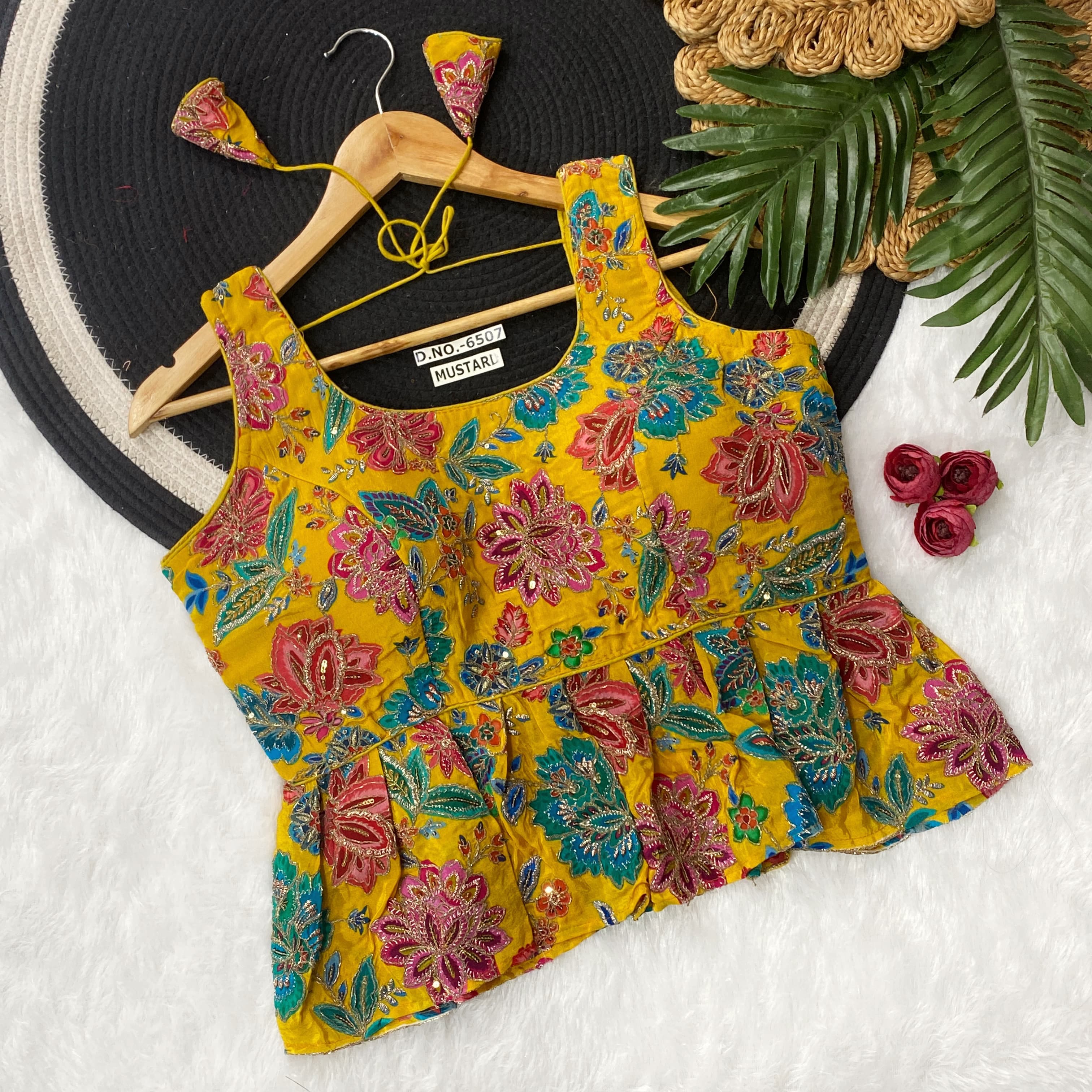 Mustard Pure Crape Viscose Floral Print Half Sleeve Peplum Blouse Half Sleeve Anant Tex Exports Pvt.Ltd..