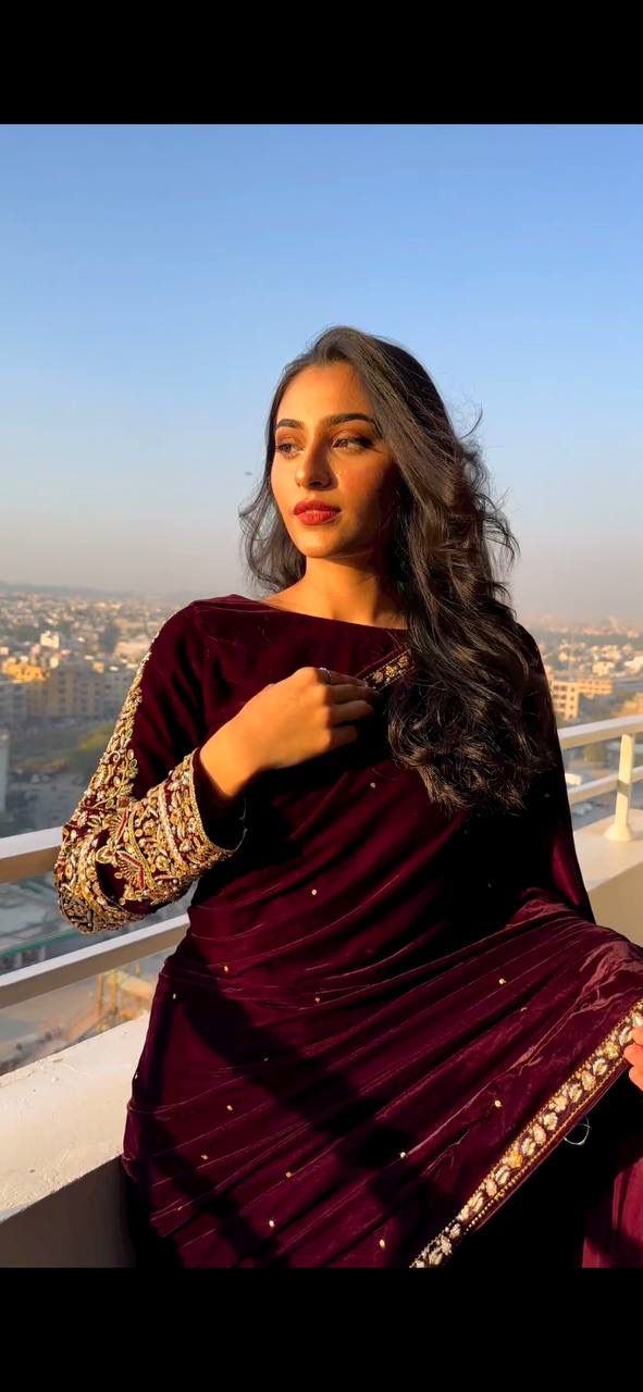 Maroon Pure 9000 Velvet With Embroidery Work Velvet Saree Velvet Saree Anant Tex Exports Pvt.Ltd..