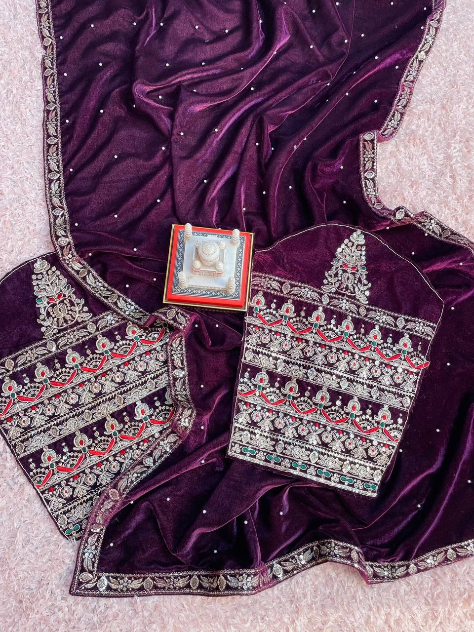Maroon Pure 9000 Velvet With Embroidery Work Velvet Saree Velvet Saree Anant Tex Exports Pvt.Ltd..
