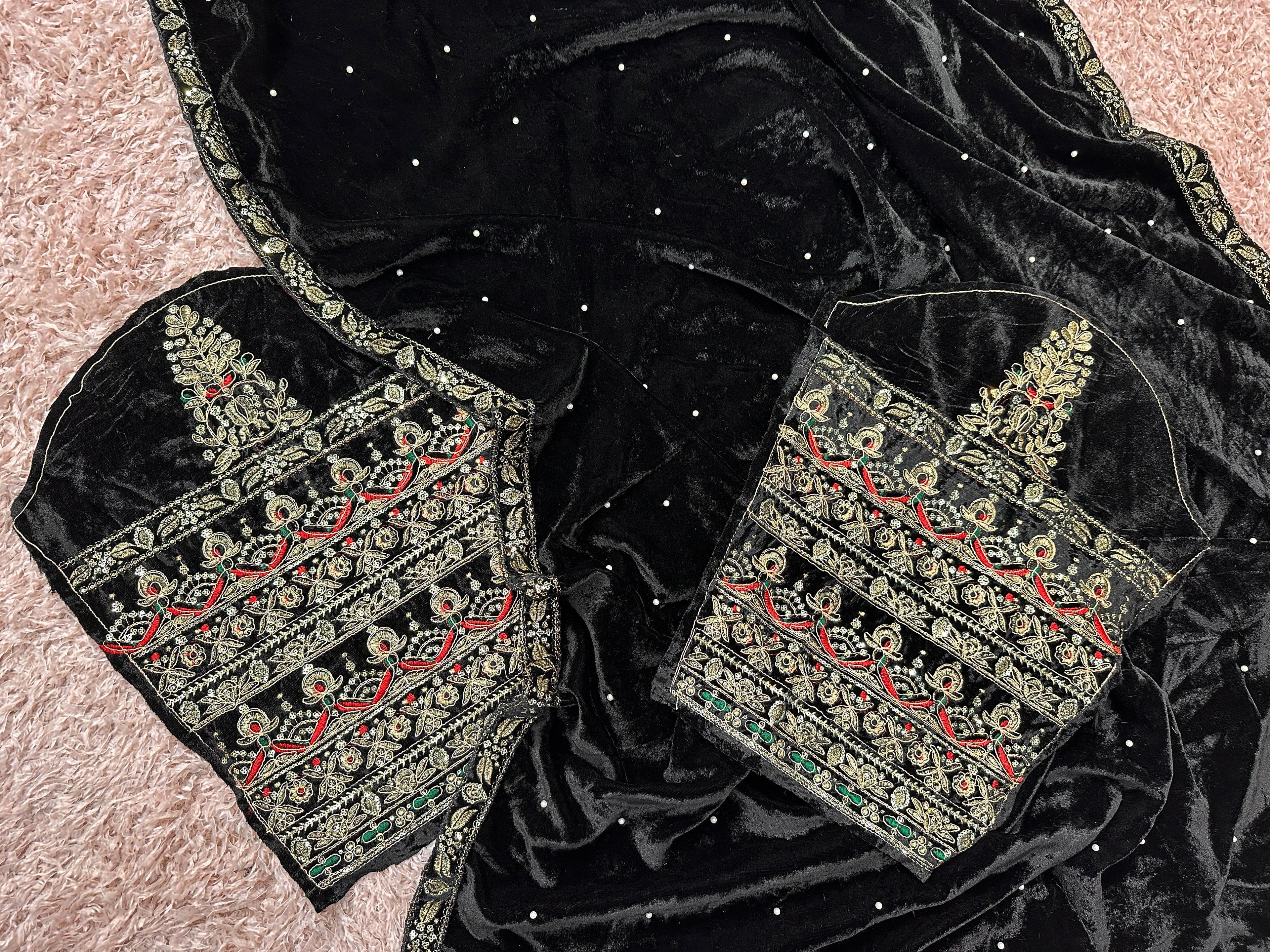 Black Pure 9000 Velvet With Embroidery Work Velvet Saree Velvet Saree Anant Tex Exports Pvt.Ltd..