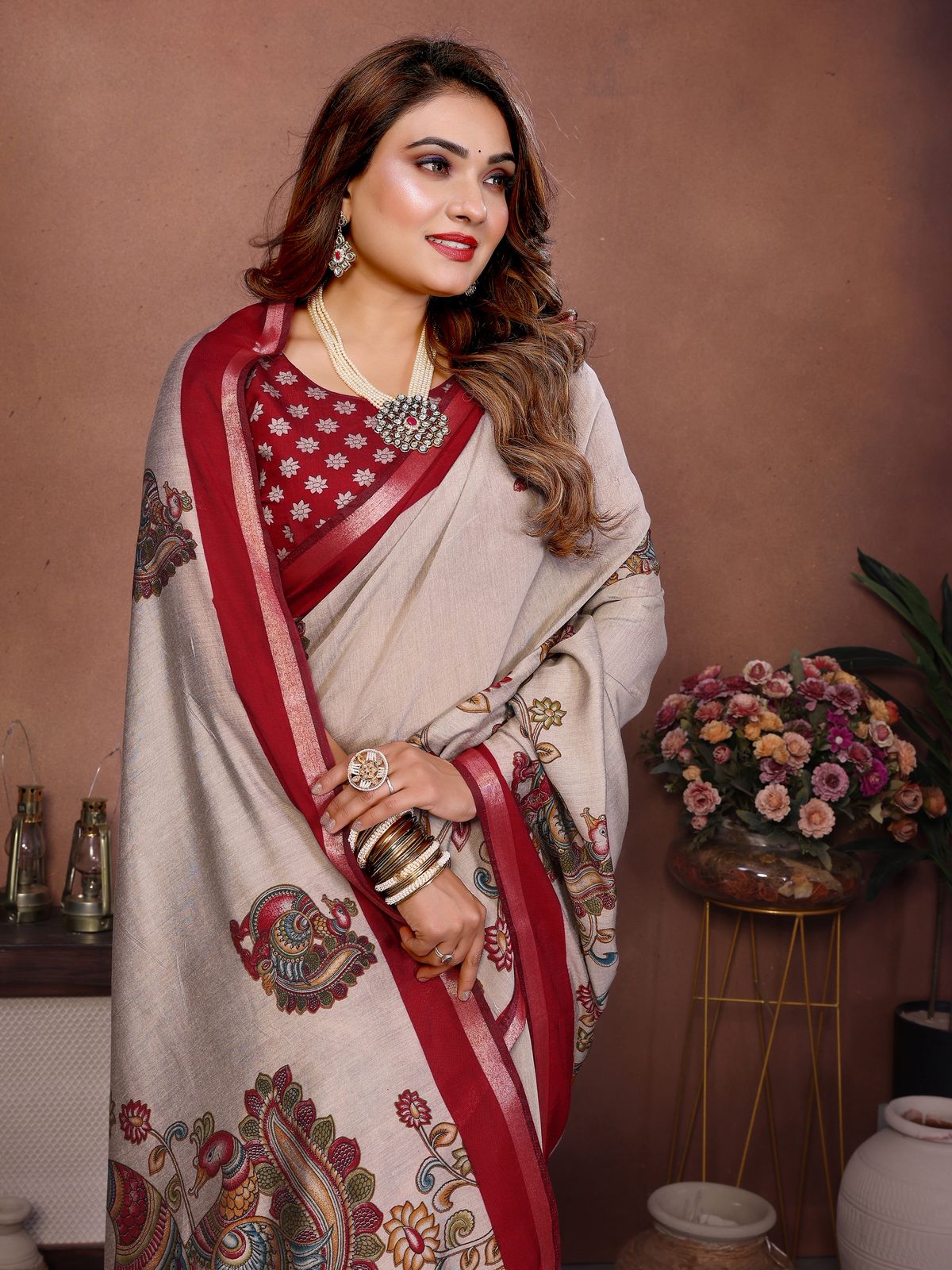 Red Cream Pure Soft Mul Kalamkari Print Cotton Saree Cotton saree Anant Tex Exports Pvt.Ltd..