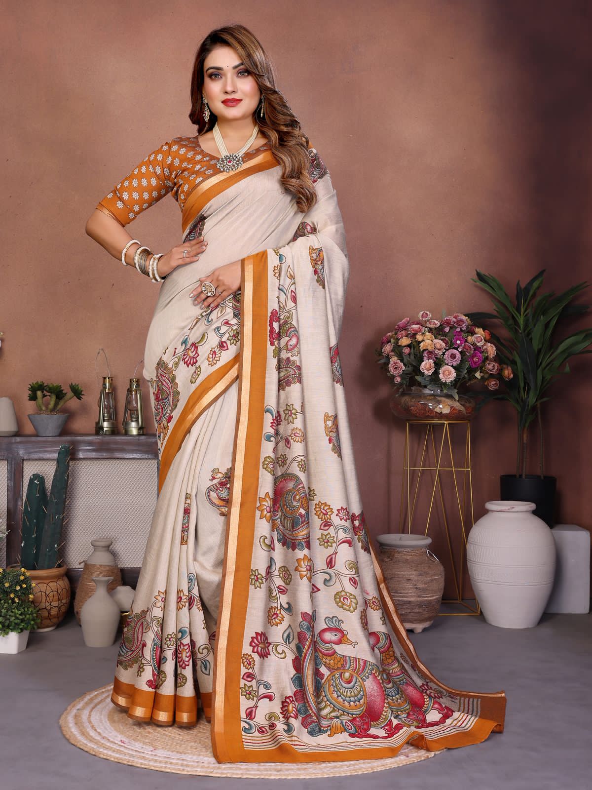Mustard Cream Pure Soft Mul Kalamkari Print Cotton Saree Cotton saree Anant Tex Exports Pvt.Ltd..
