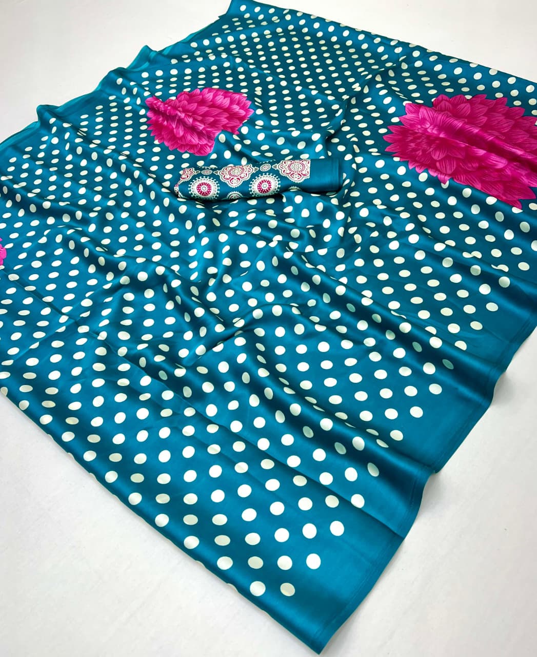 Sky Pure Modal Satin Ajrakh Print Satin Saree Japan Satin Saree Anant Tex Exports Pvt.Ltd..