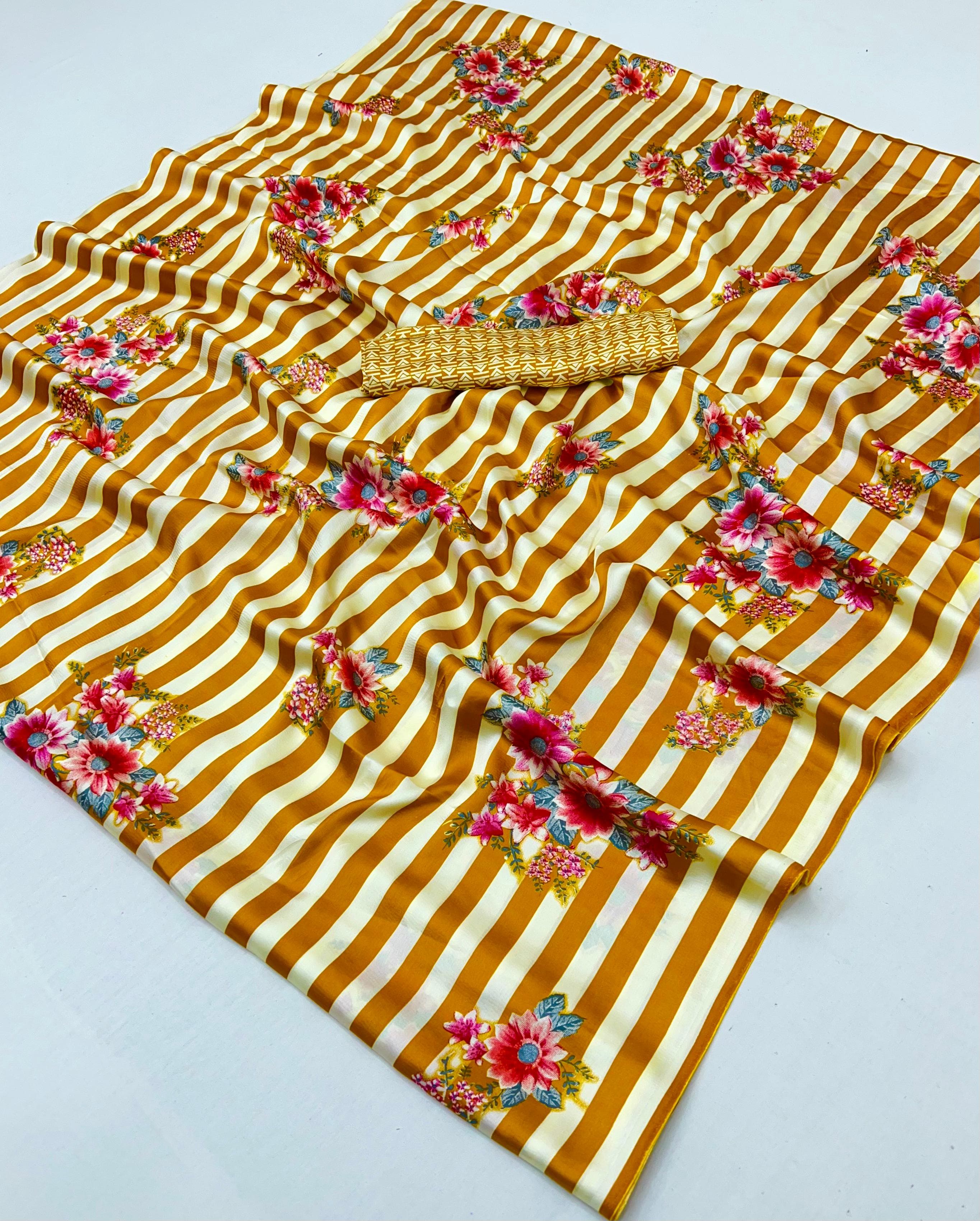 Yellow Pure Soft Modal Satin Ajrakh Print Satin Saree Japan Satin Saree Anant Tex Exports Pvt.Ltd..