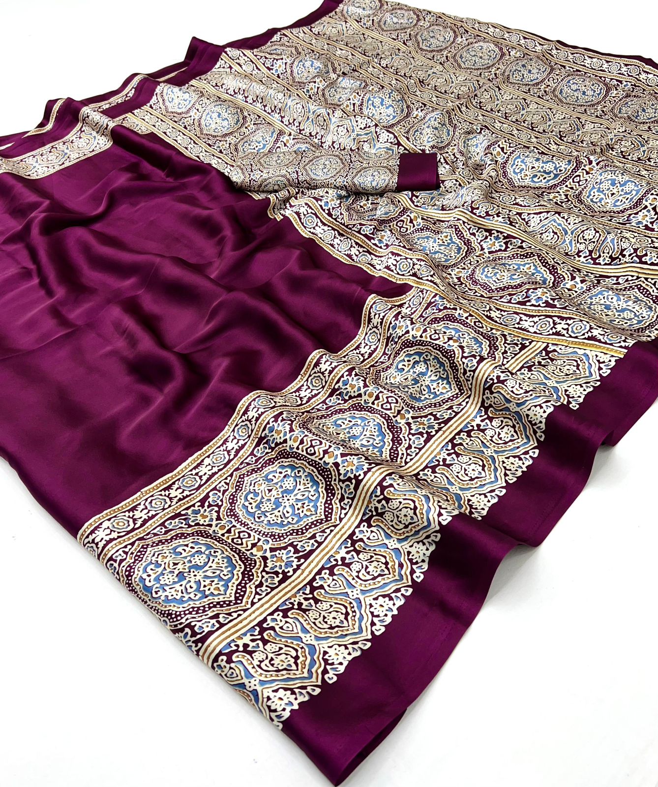 Maroon Pure Soft Modal Satin Ajrakh Print Satin Saree Japan Satin Saree Anant Tex Exports Pvt.Ltd..