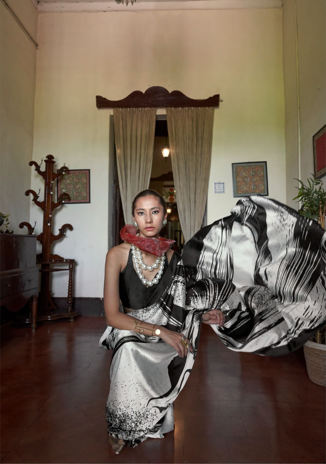 Black Pure Soft Modal Satin Kaalin Print Satin Saree Japan Satin Saree Anant Tex Exports Pvt.Ltd..