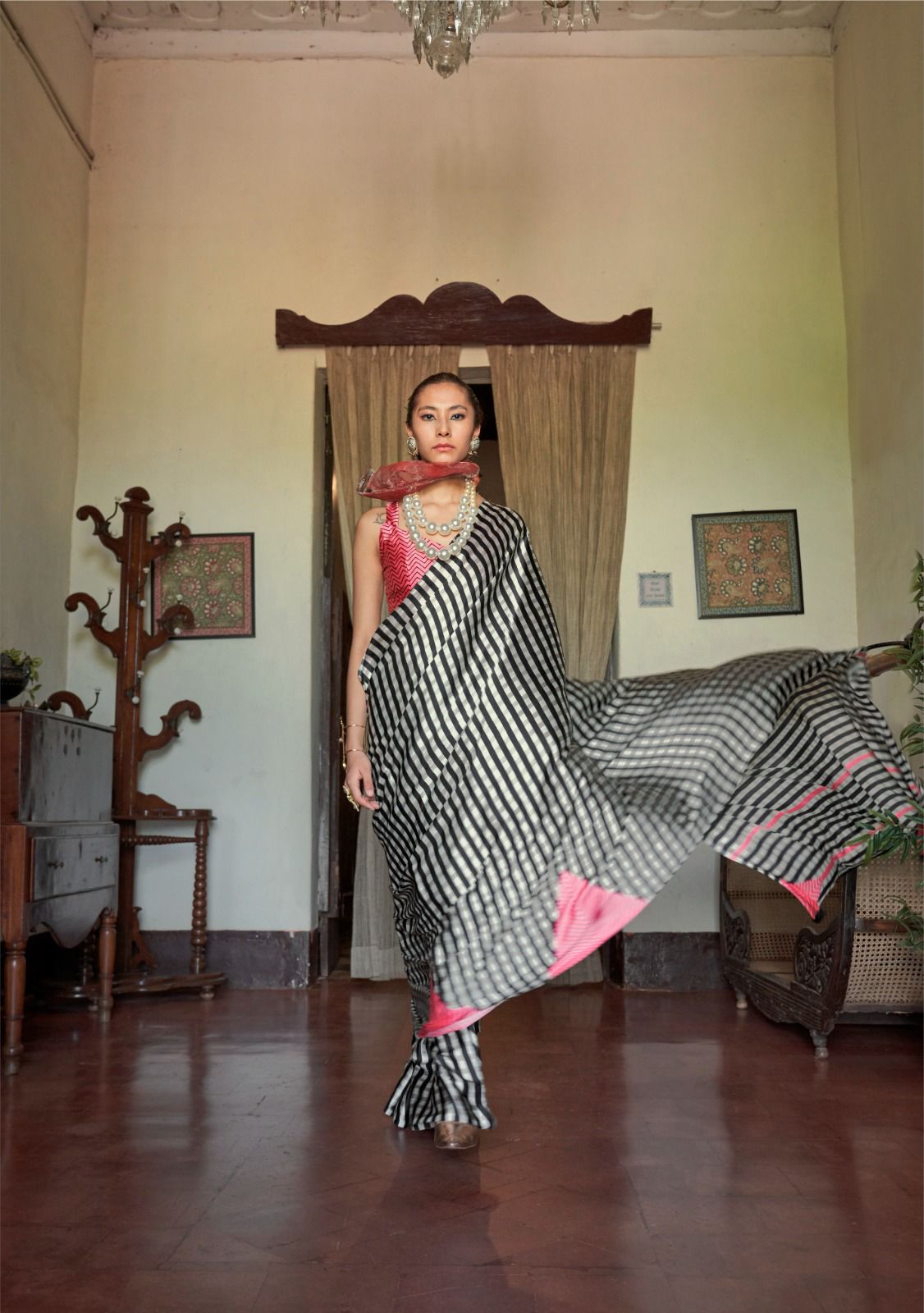 Black & Pink Pure Soft Modal Satin Kaalin Print Satin Saree Japan Satin Saree Anant Tex Exports Pvt.Ltd..