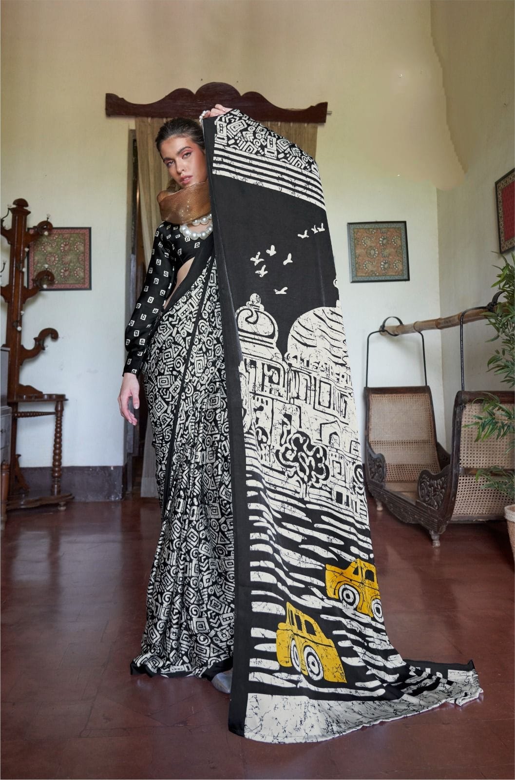 Black Pure Soft Modal Satin Kaalin Print Satin Saree Japan Satin Saree Anant Tex Exports Pvt.Ltd..
