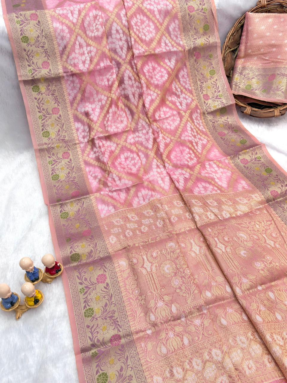 Pink Pure Organza Silk Bandhani Patola Organza Saree Organza Saree Anant Tex Exports Pvt.Ltd..