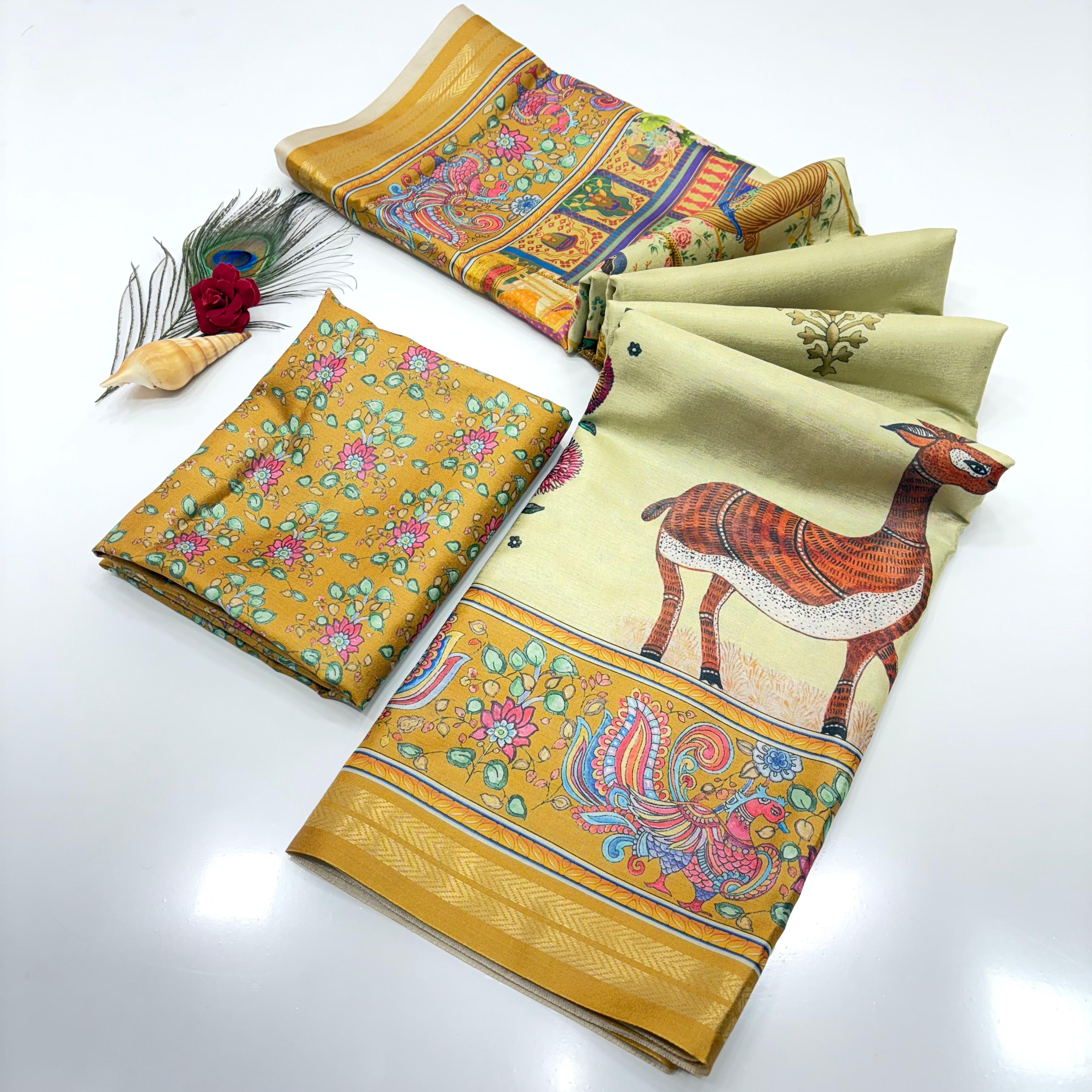 Yellow Soft Tussar Silk Pattachitra Traditional Printed Zari Tussar Saree Tussar Saree Anant Tex Exports Pvt.Ltd..