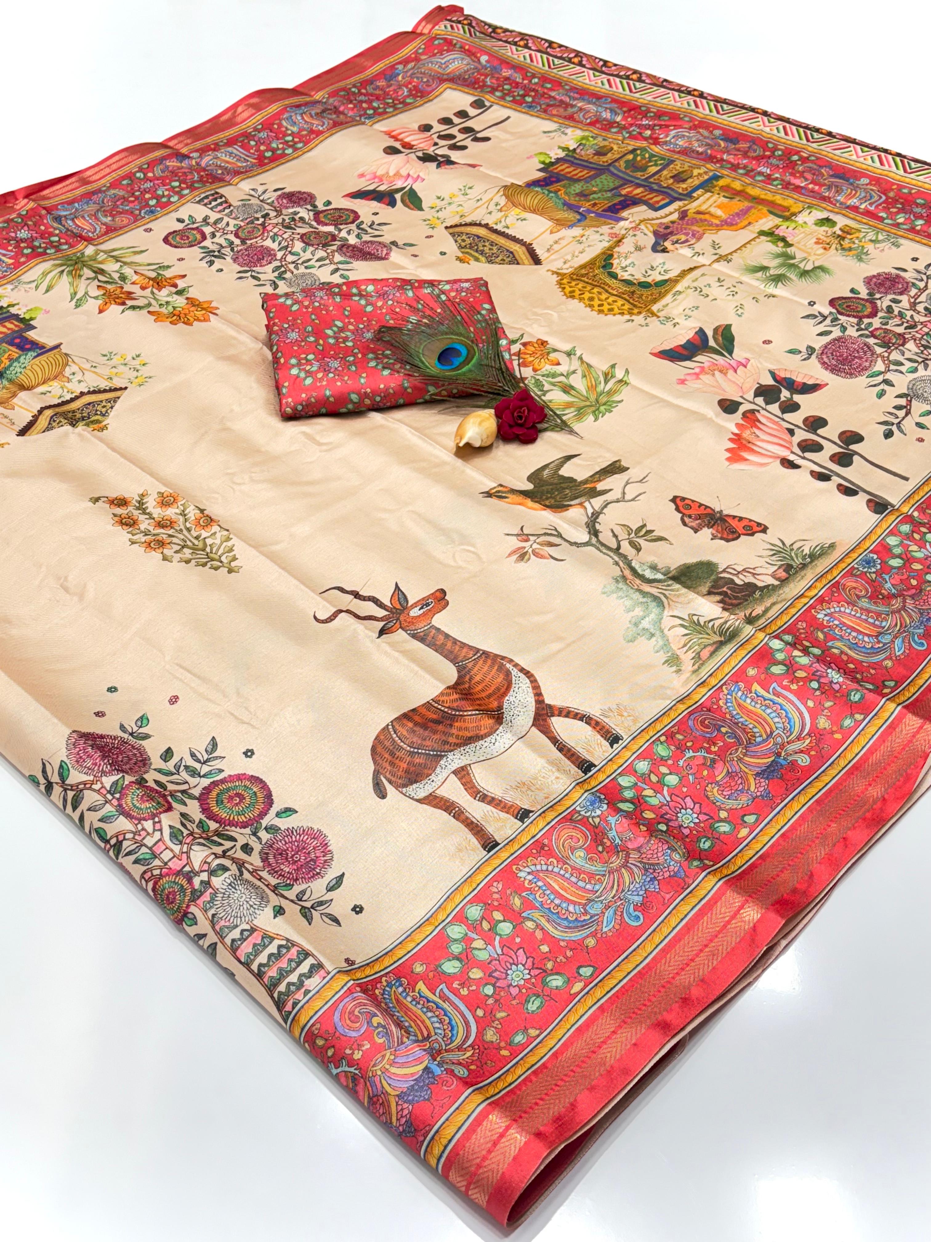 Red Soft Tussar Silk Pattachitra Traditional Printed Zari Tussar Saree Tussar Saree Anant Tex Exports Pvt.Ltd..