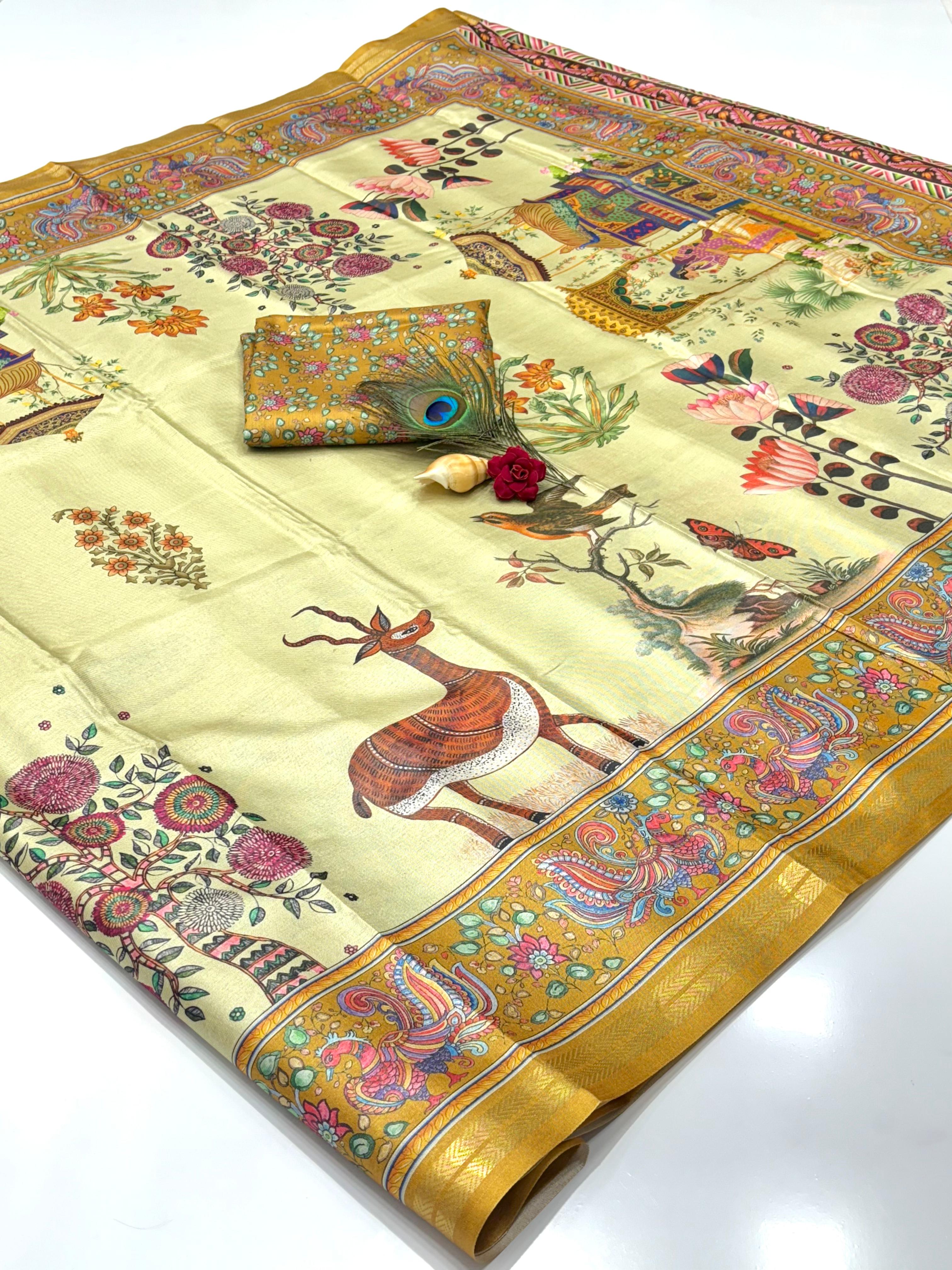 Yellow Soft Tussar Silk Pattachitra Traditional Printed Zari Tussar Saree Tussar Saree Anant Tex Exports Pvt.Ltd..