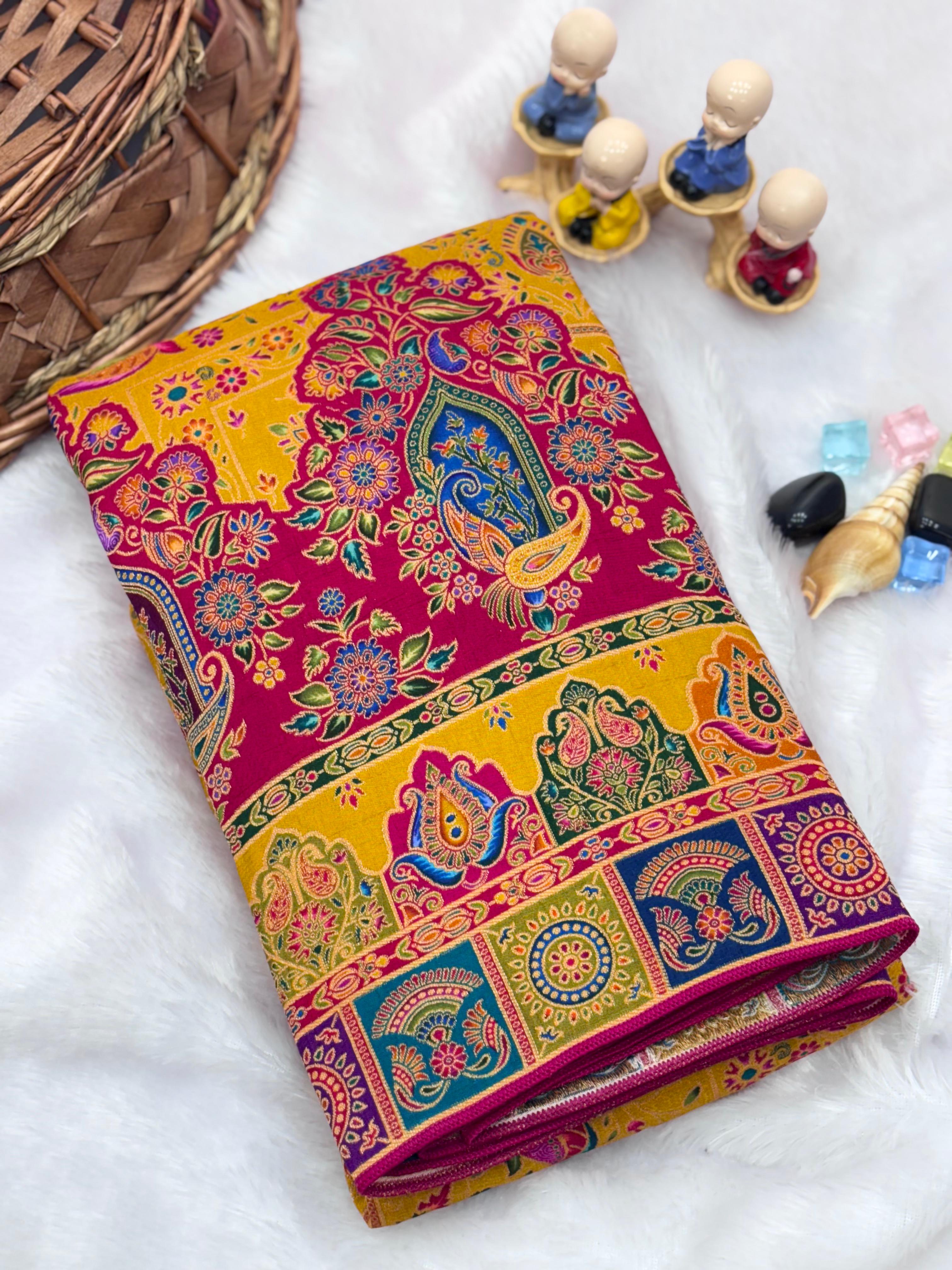 Yellow Soft Viscose Silk Meenakari Traditional Weeding Saree Tussar Saree Anant Tex Exports Pvt.Ltd..