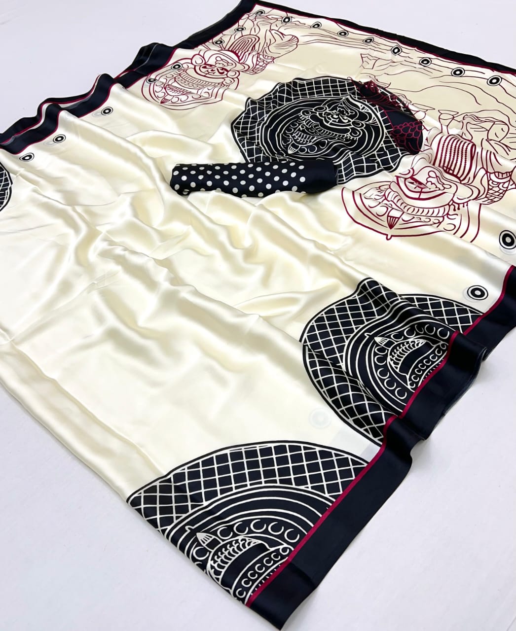 Black Pure Soft Modal Satin Ajrakh Print Satin Saree Japan Satin Saree Anant Tex Exports Pvt.Ltd..
