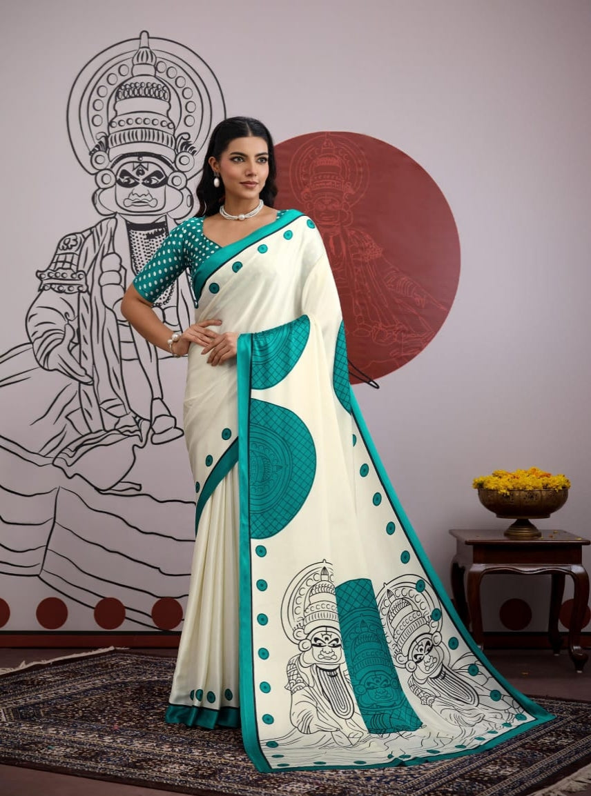 Sky Pure Soft Modal Satin Ajrakh Print Satin Saree Japan Satin Saree Anant Tex Exports Pvt.Ltd..