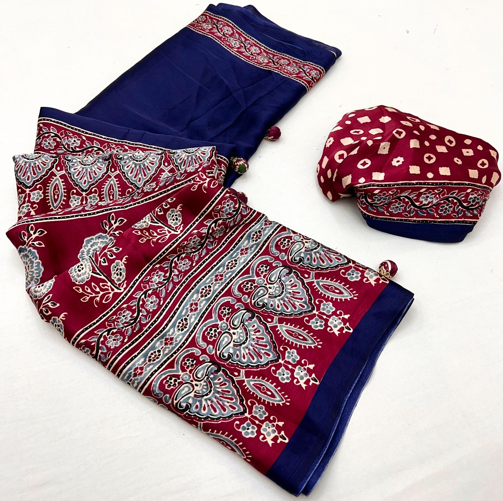 Navy Blue Pure Soft Modal Satin Ajrakh Print Satin Saree Japan Satin Saree Anant Tex Exports Pvt.Ltd..