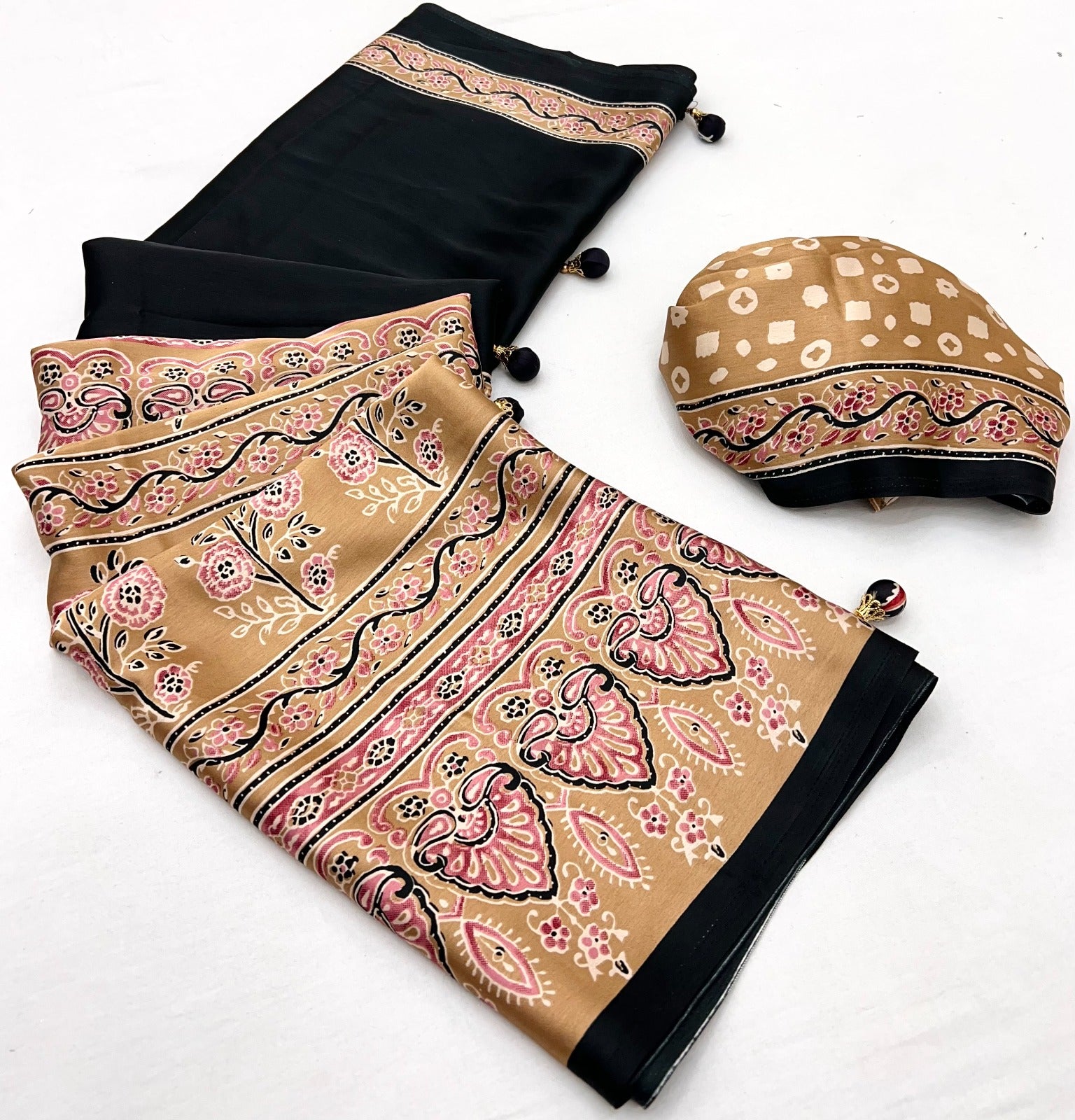 Ebony Black Pure Soft Modal Satin Ajrakh Print Satin Saree Japan Satin Saree Anant Tex Exports Pvt.Ltd..