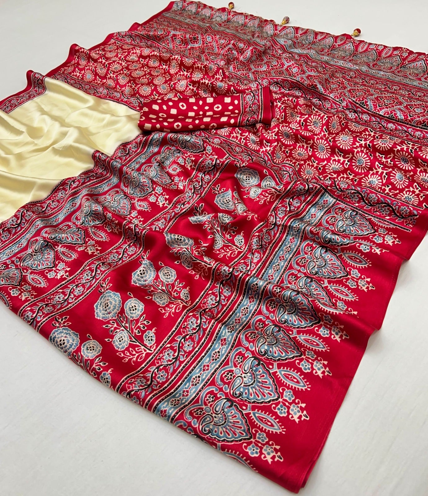 Cream and Red Pure Soft Modal Satin Ajrakh Print Satin Saree Japan Satin Saree Anant Tex Exports Pvt.Ltd..