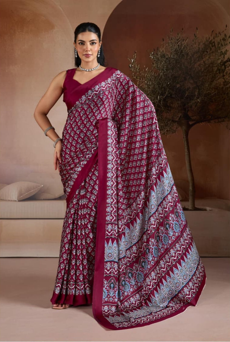 Red Pure Soft Modal Satin Ajrakh Print Satin Saree Japan Satin Saree Anant Tex Exports Pvt.Ltd..