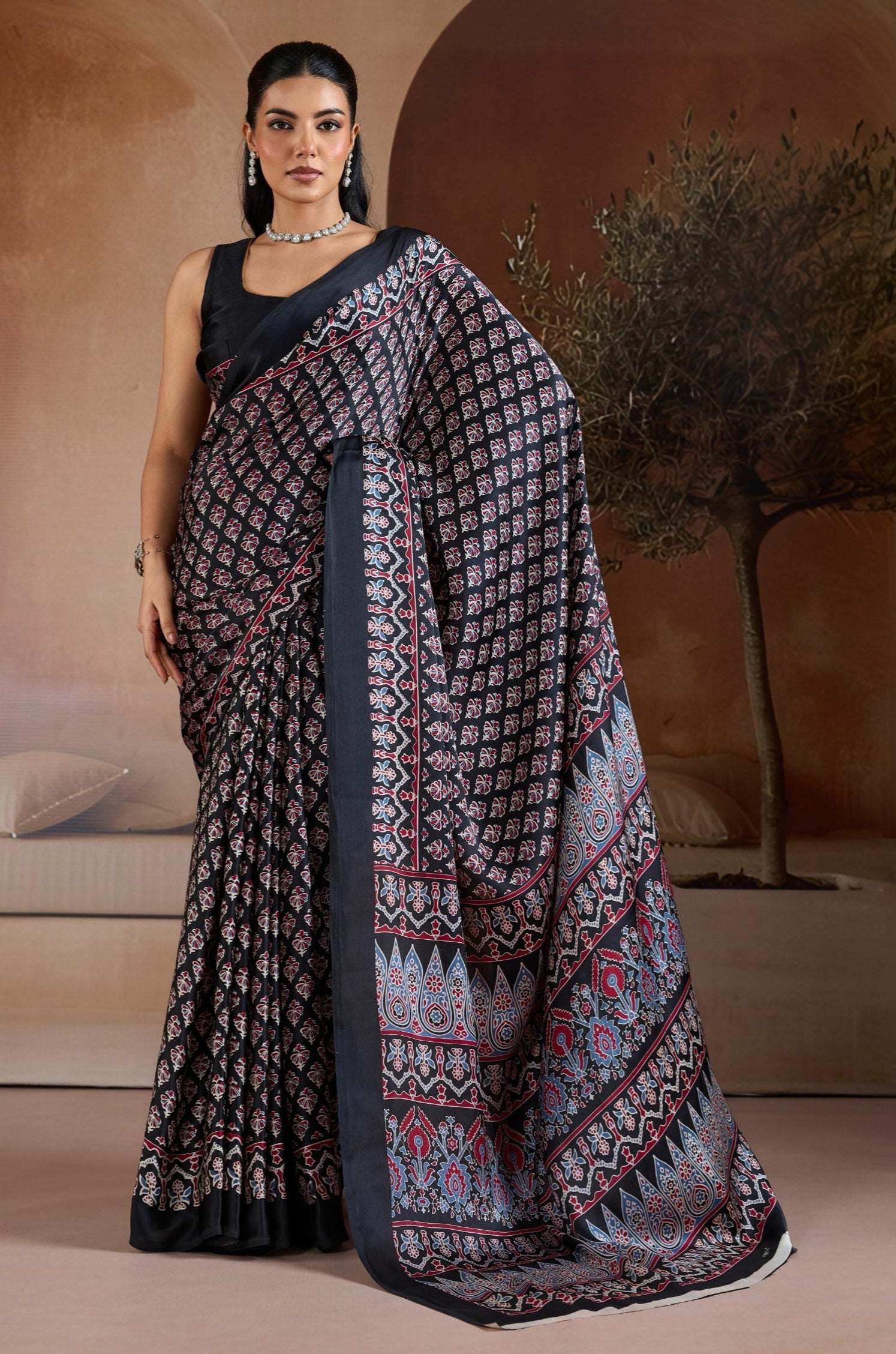 Black Pure Soft Modal Satin Ajrakh Print Satin Saree Japan Satin Saree Anant Tex Exports Pvt.Ltd..