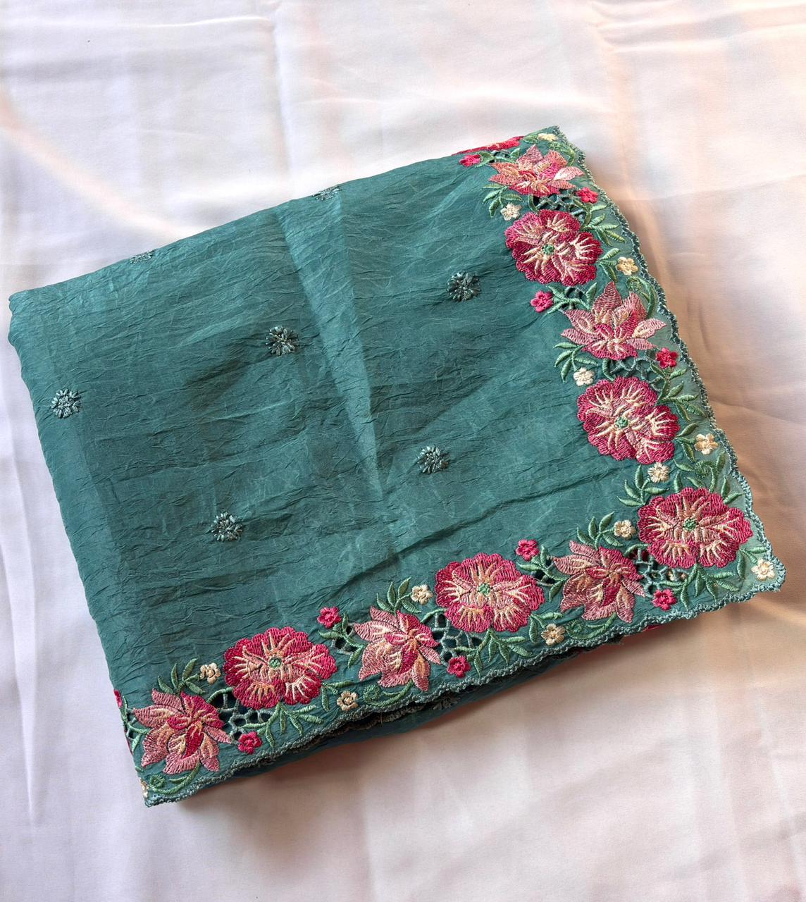 Sea Green Pure Soft Sufi Crush Silk Saree