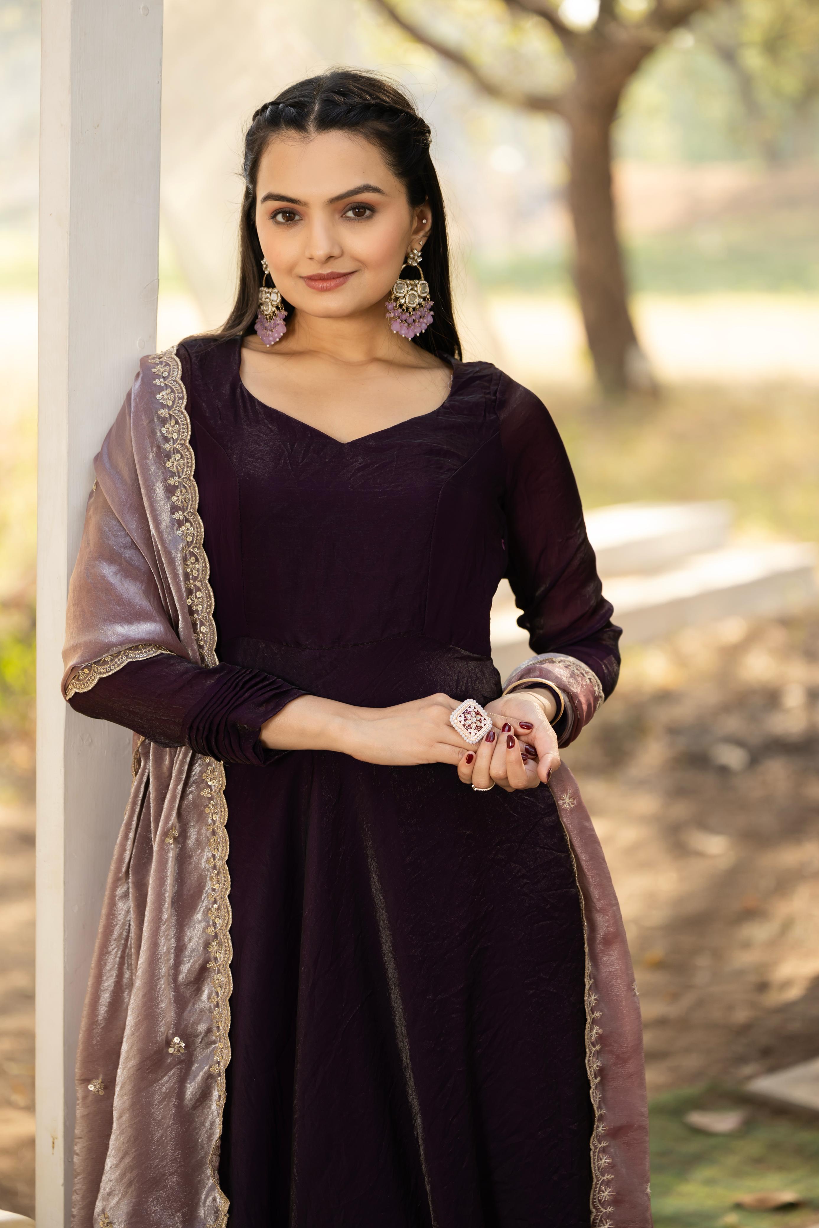 Wine Pure Space Silk Anarkali Long Gown
