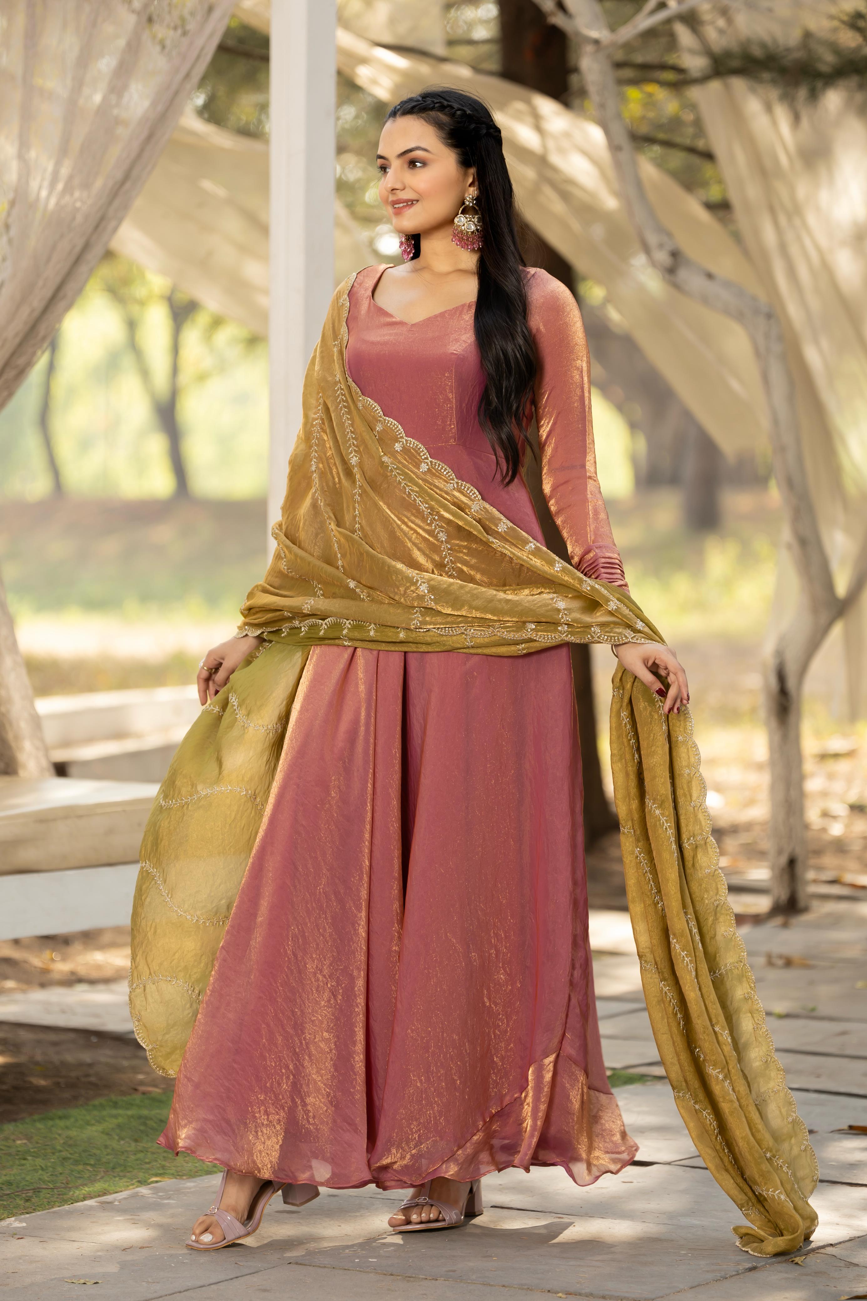 Rose Gold Pure Space Silk Anarkali Long Gown